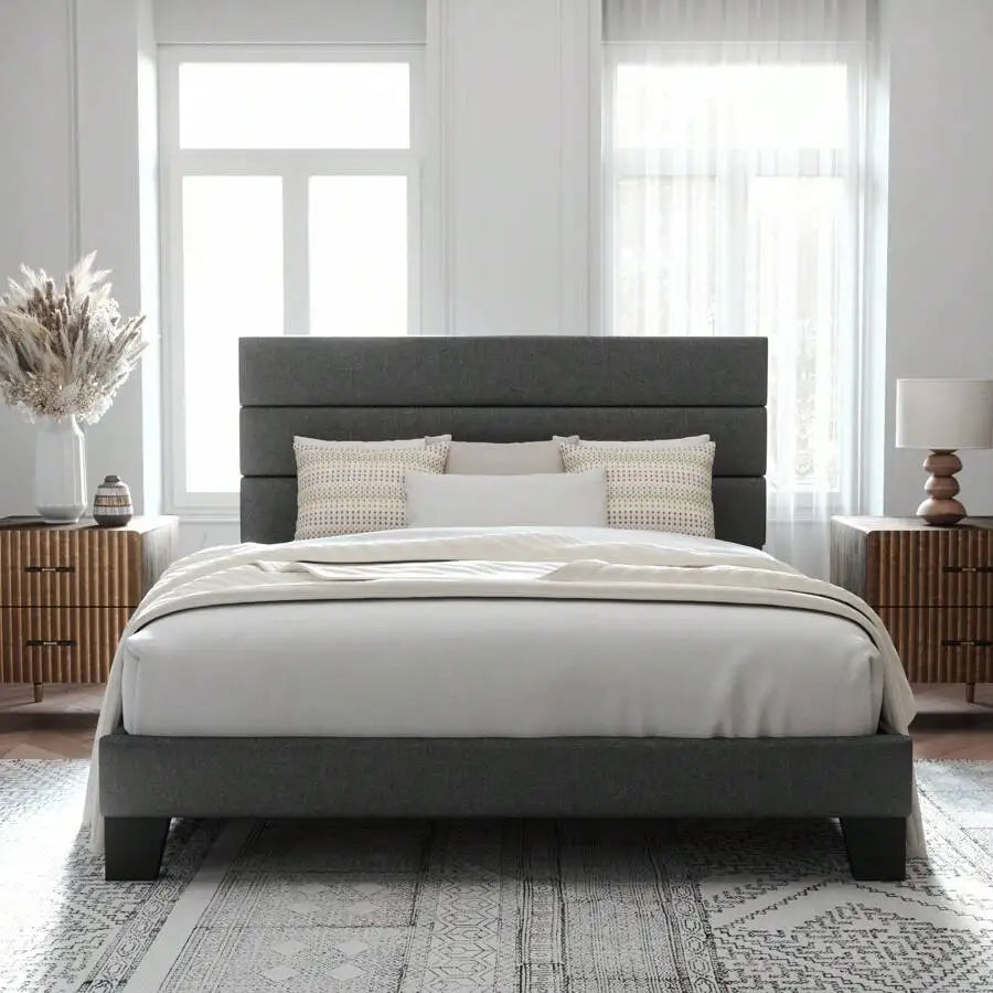 Fabric Upholstered Platform Bed Frame With Wooden Slats