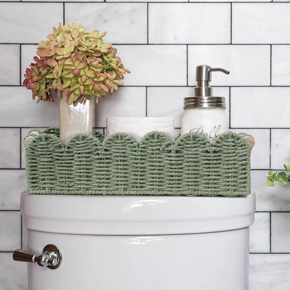 Decorative Scalloped Wicker Basket With Handle Bathroom Storage