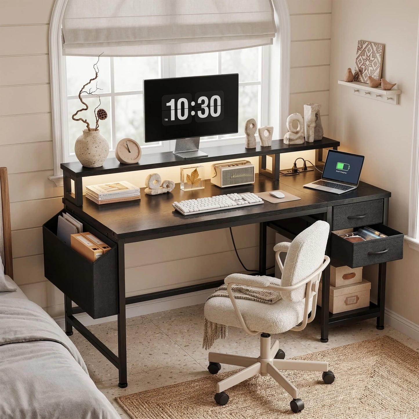 EnHomee Modern Office Desk With Power Outlets And Led Lighting
