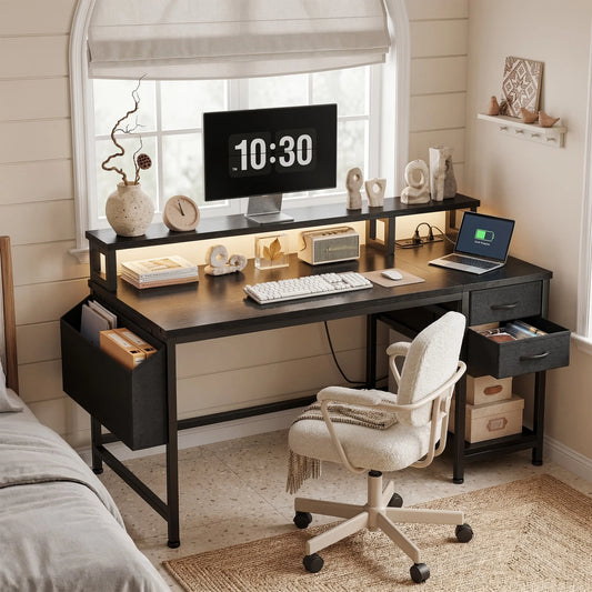 EnHomee Modern Office Desk With Power Outlets And Led Lighting