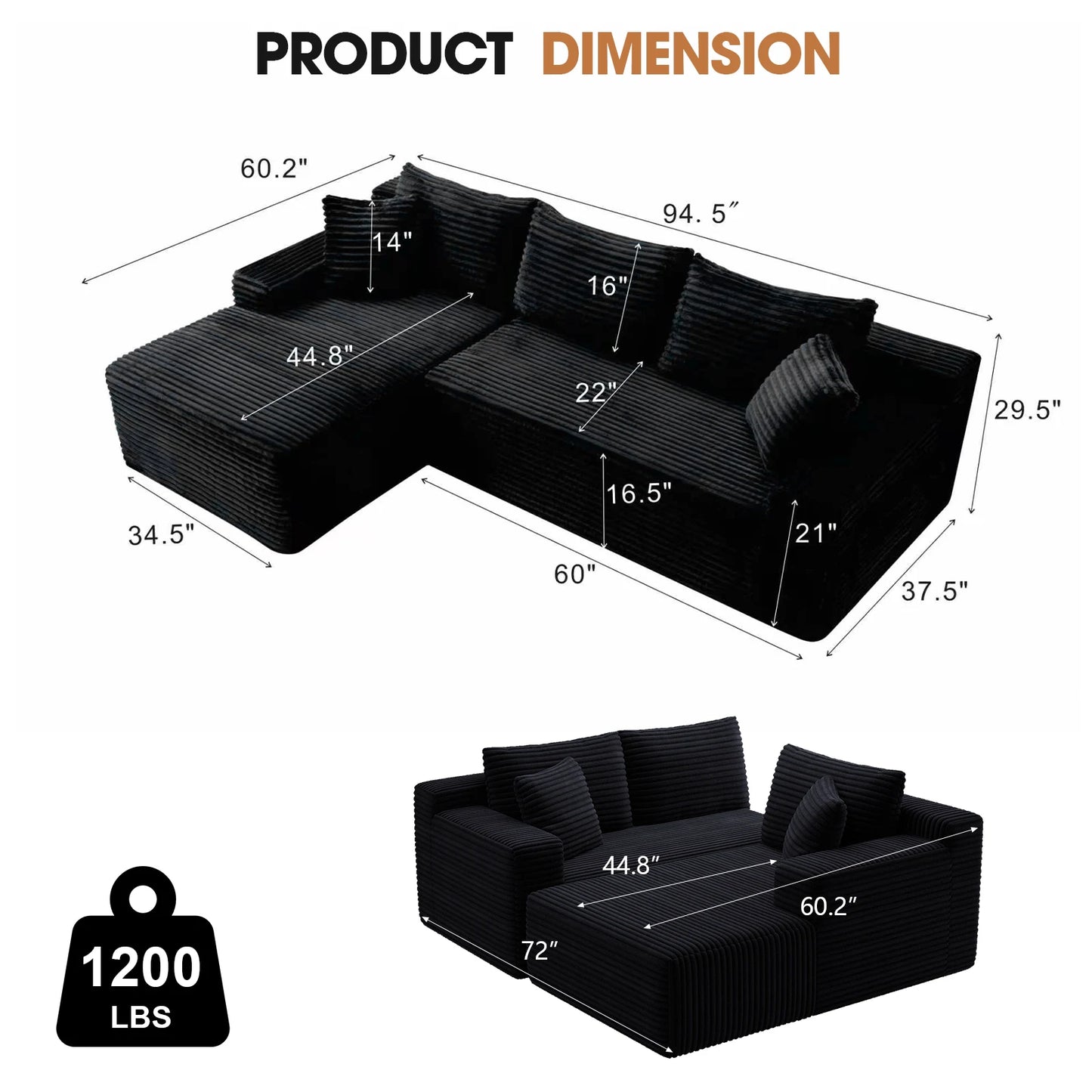 Cloud Modular Corduroy Sectional Sofa With L Shape Chaise