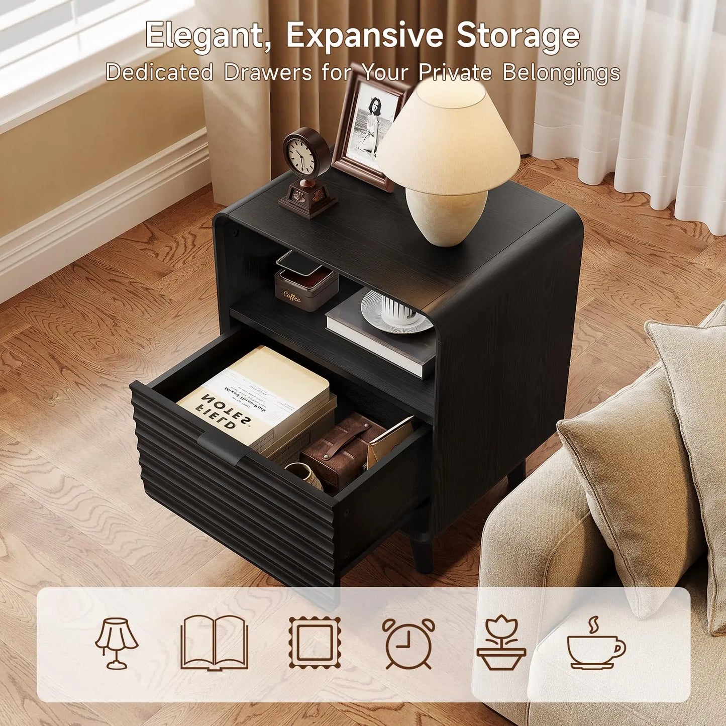 Onbrill Fluted Bedside Table With Drawer Modern End Table