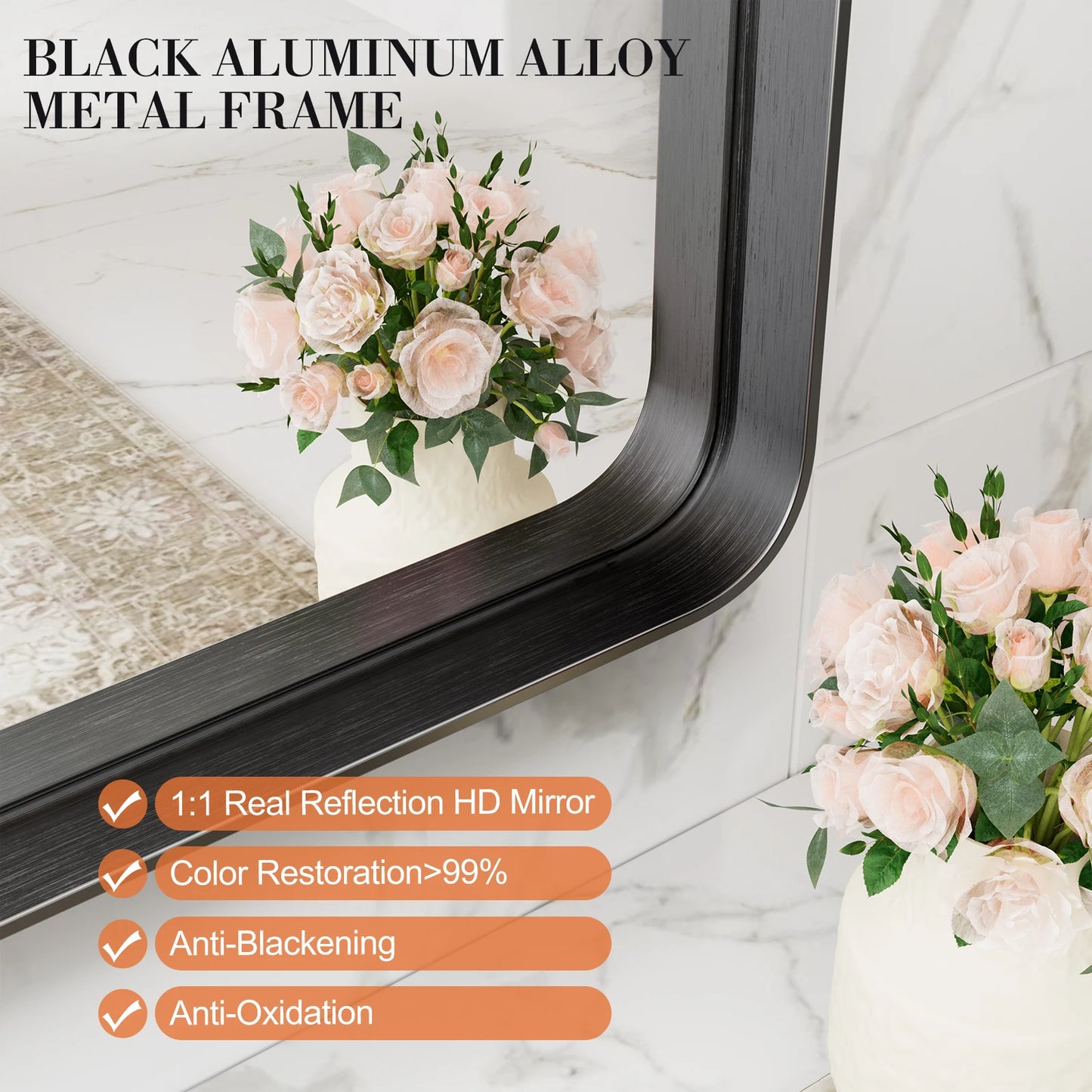 JHK Matte Metal Framed Bathroom Mirror With Tempered Glass