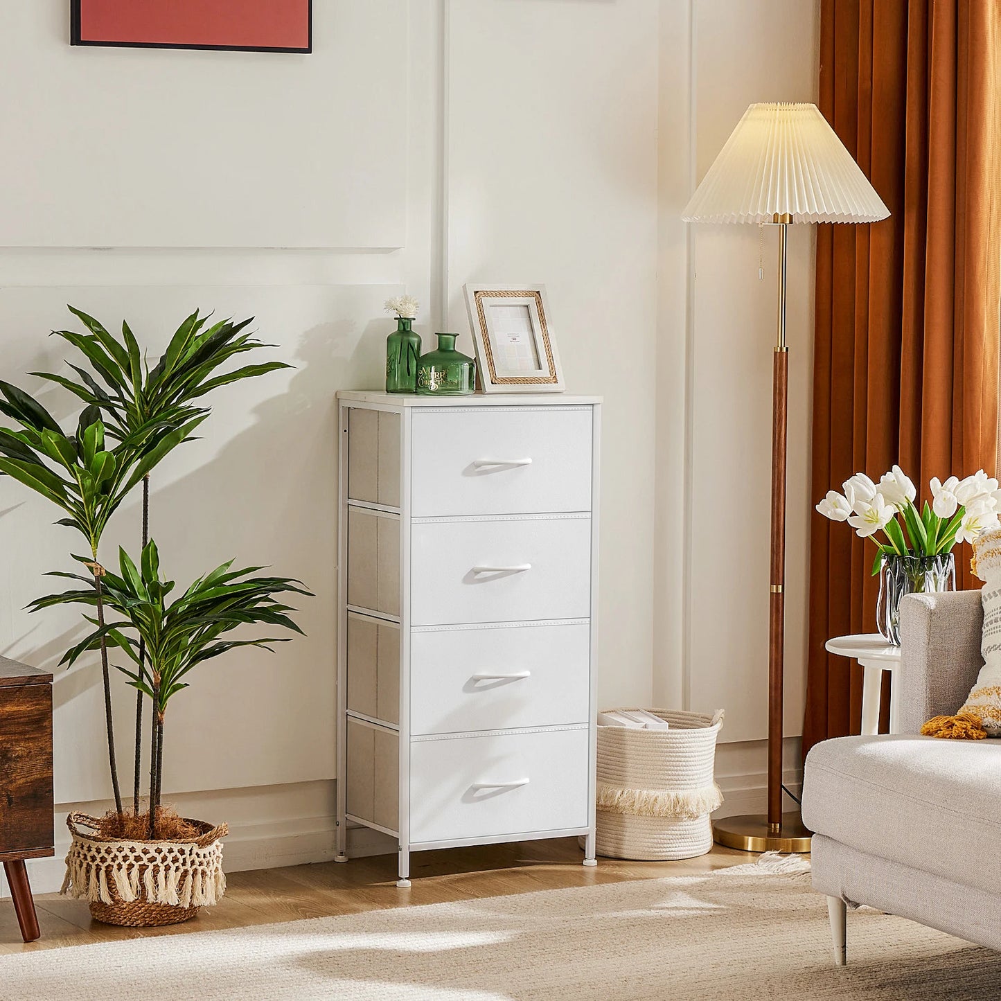 JHK 4 Fabric Drawer Dresser Steel Frame Nightstand Storage Cabinet