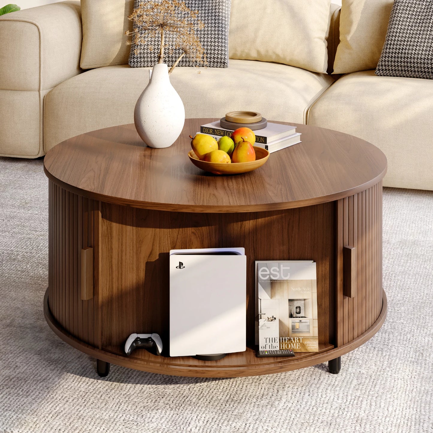Onbrill Modern Fluted Wood Round Coffee Table With Storage
