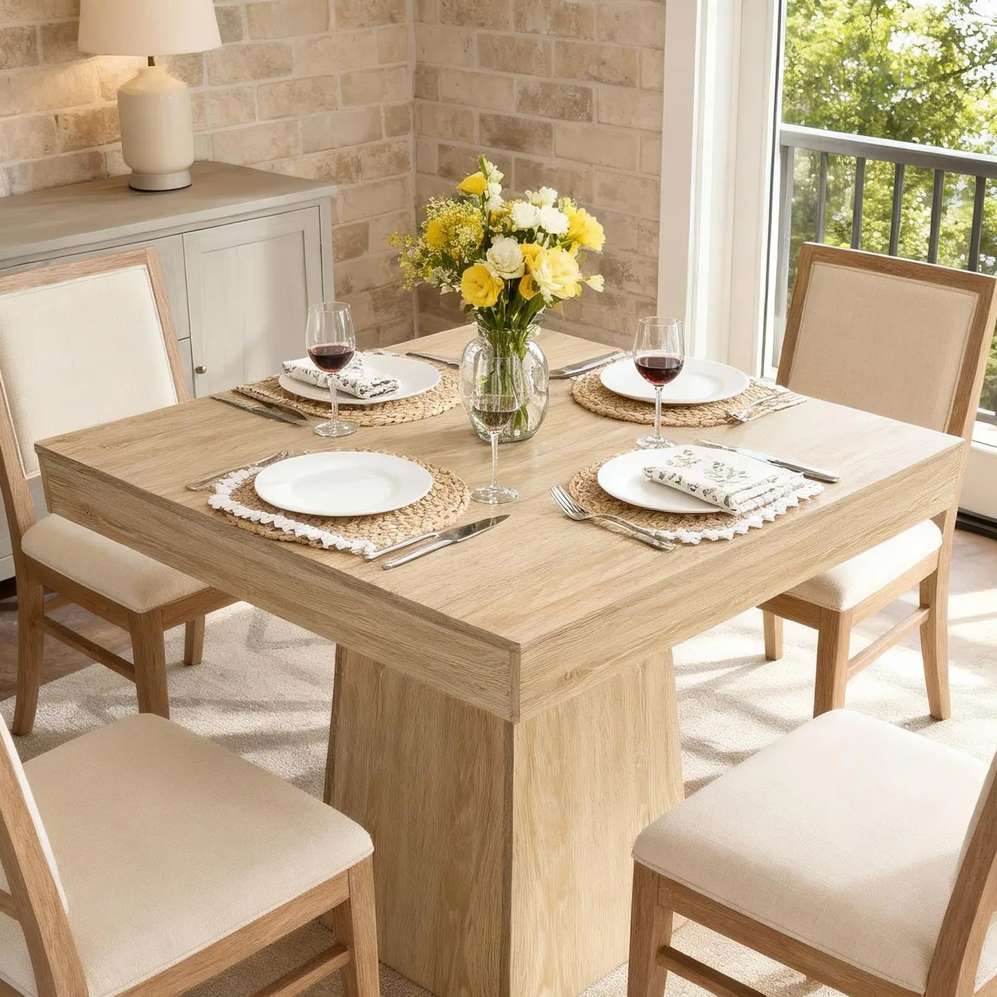 HiMISS Farmhouse Wood Pedestal Square Kitchen Dining Table
