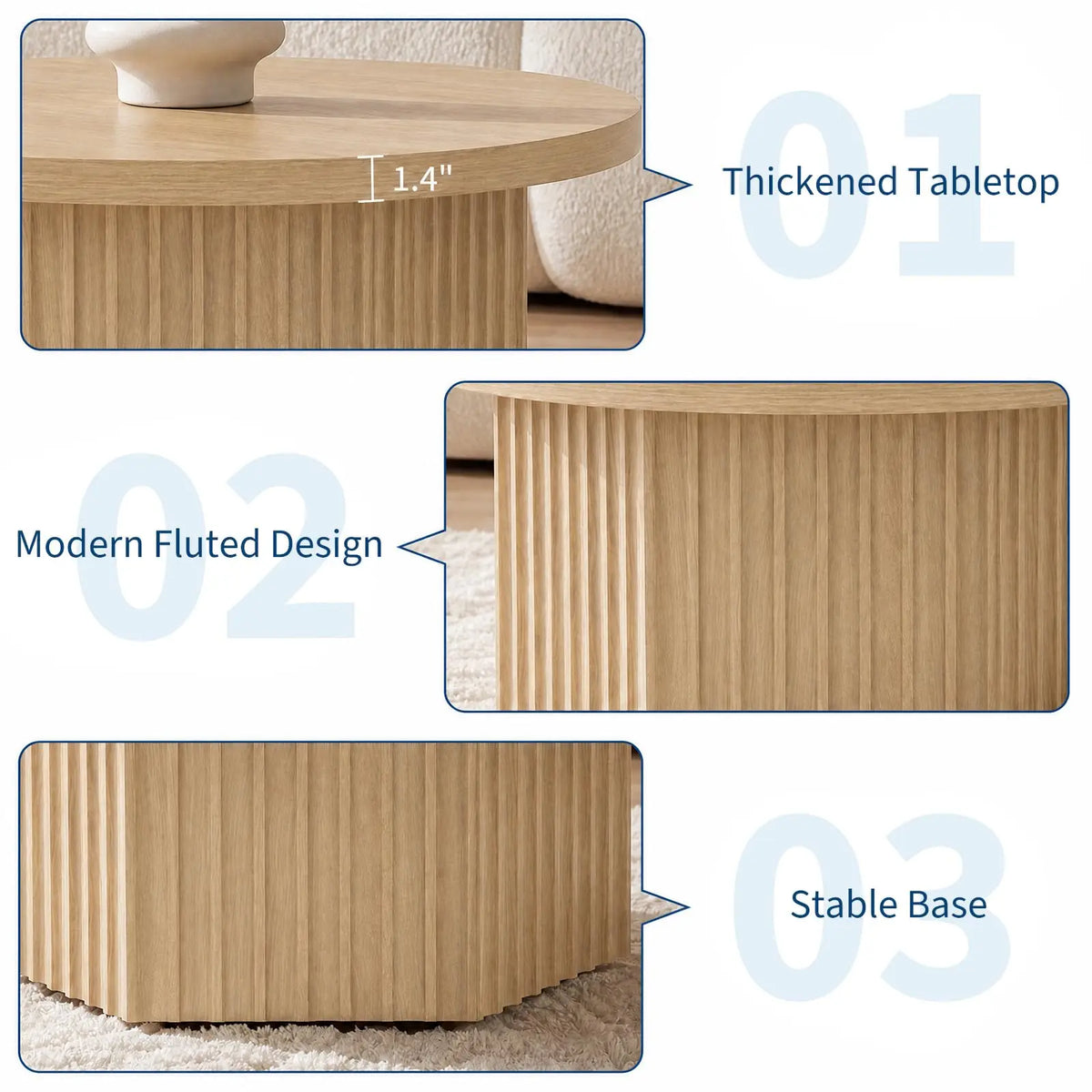 HiMISS Fluted Round Coffee Table Modern Wood Pedestal Living Room