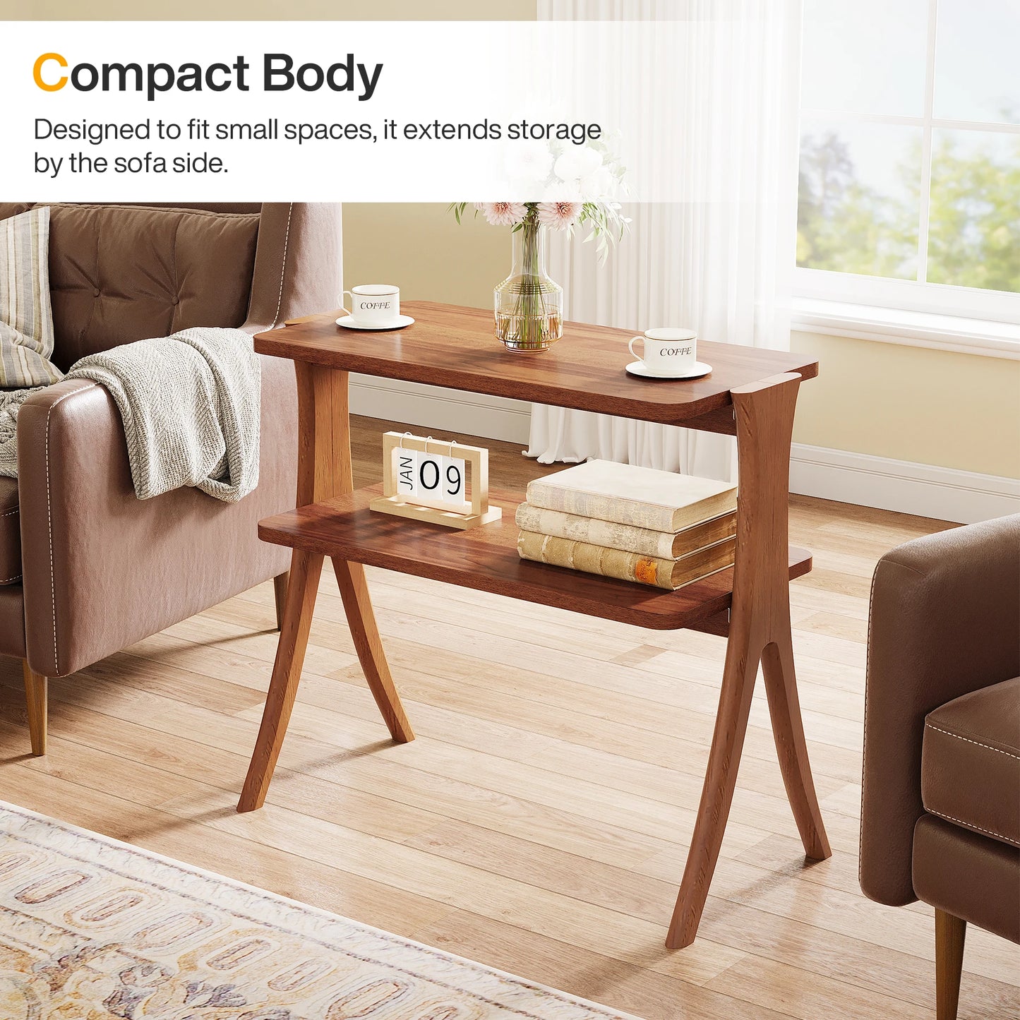 Tribesigns Walnut Wood Side Table With Two Tier Storage Shelf