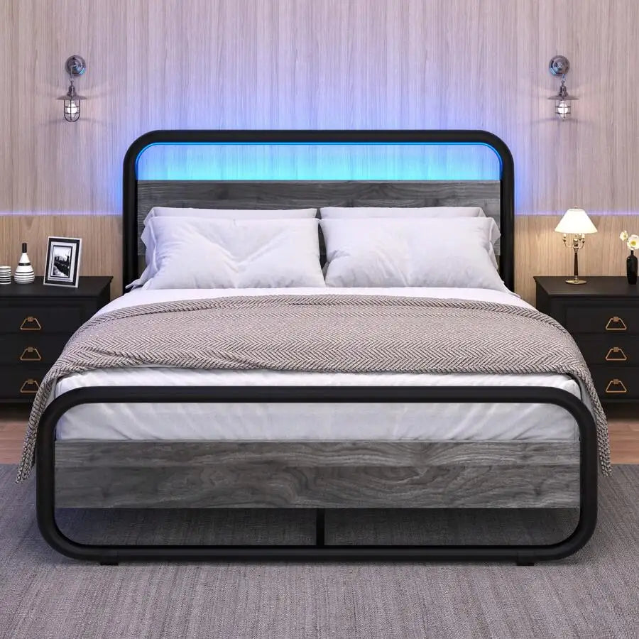 Heavy Duty Metal LED Bed Frame With Headboard And Storage