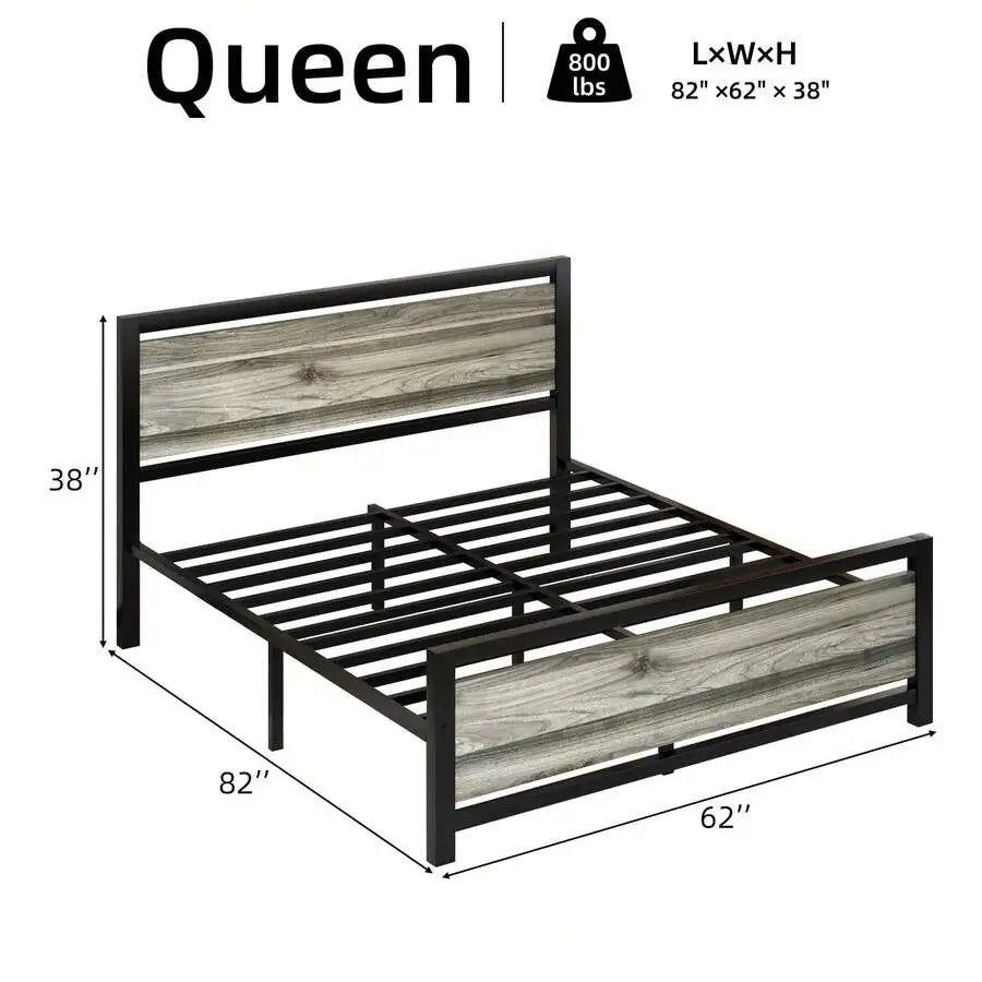 Farmhouse Metal Bed Frame With Wooden Headboard Easy Assembly