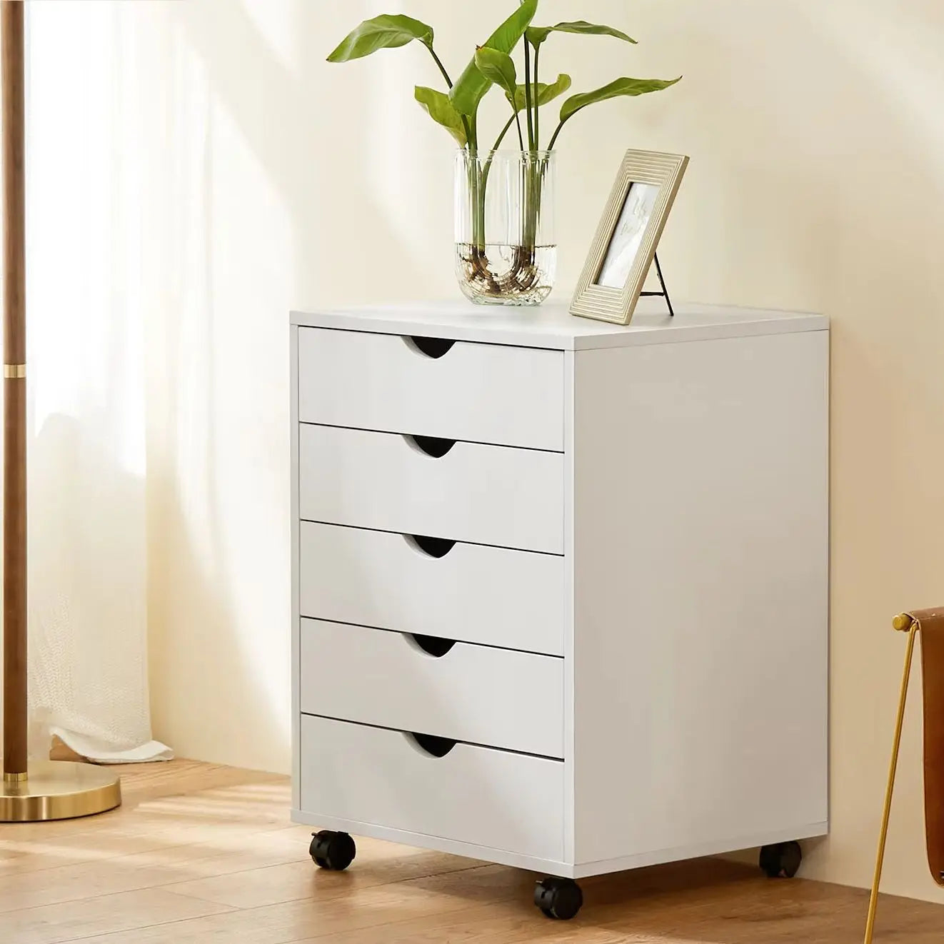 JHK Wood Five Drawer Rolling Nightstand Bedside Table With Storage