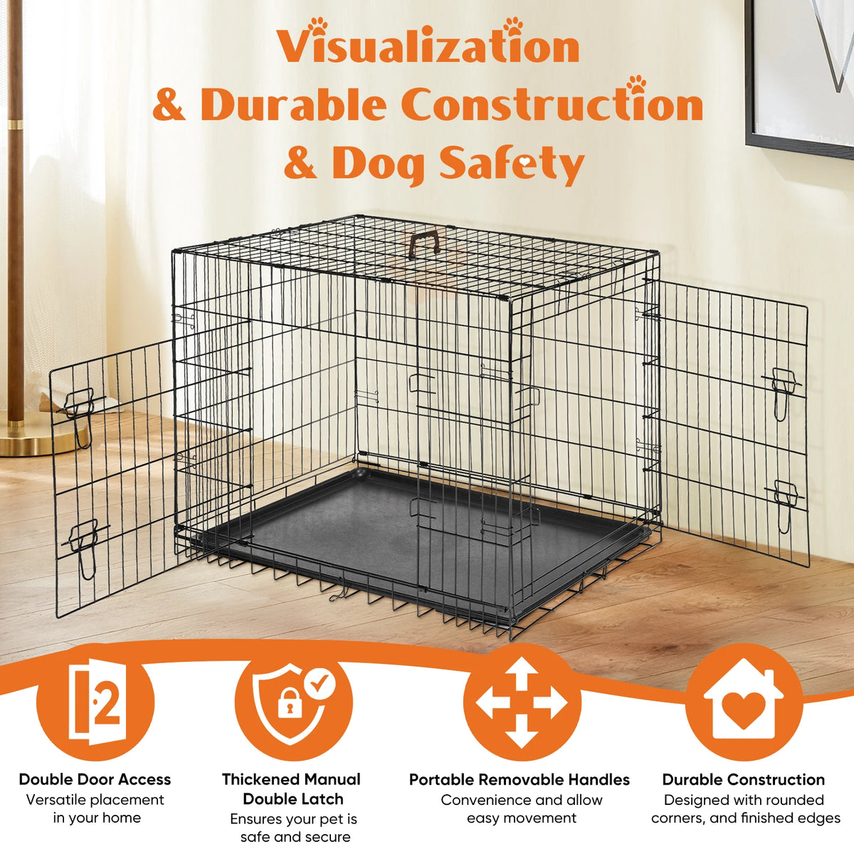 JHK Double Door Folding Metal Wire Dog Crate With Pan