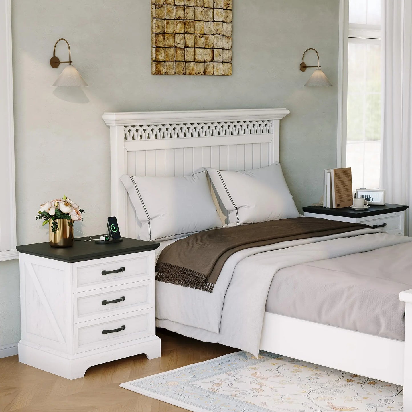 Modern Farmhouse Wood Nightstand With Charging Station And Drawer Storage