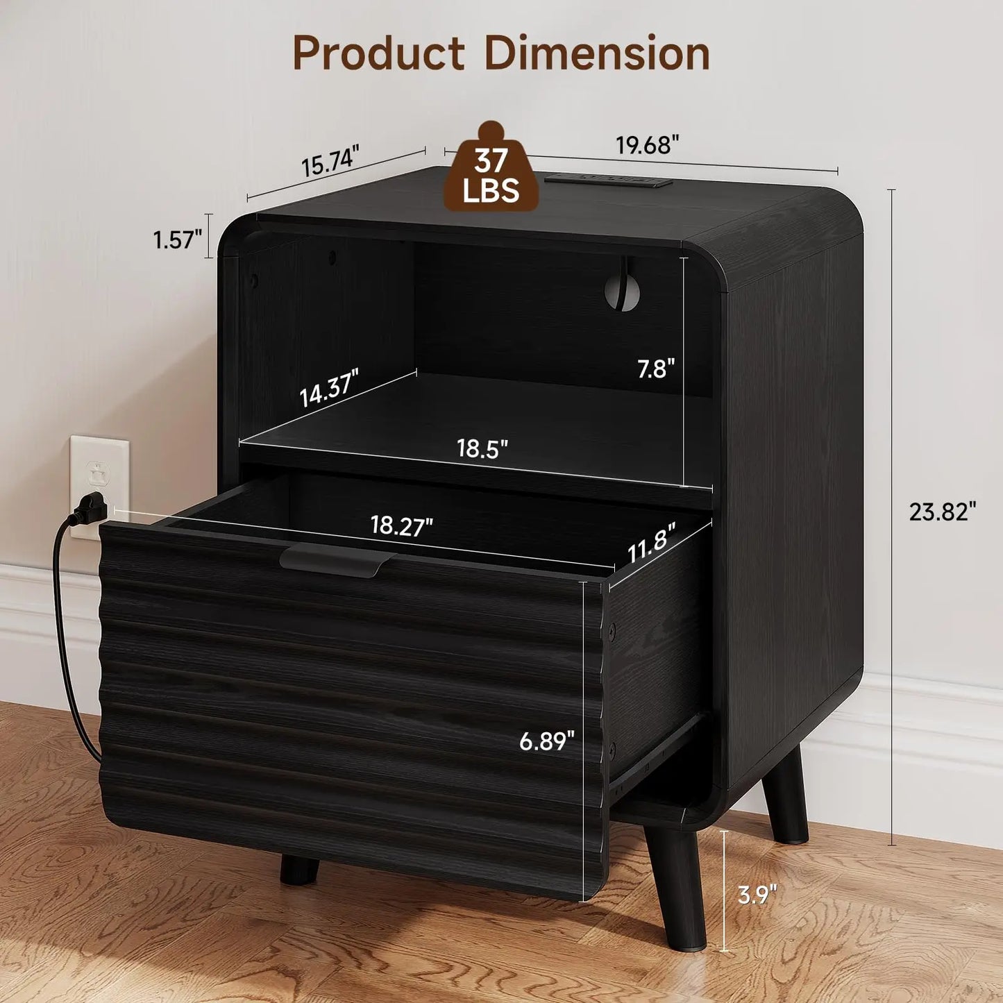 Onbrill Fluted Bedside Table With Drawer Modern End Table
