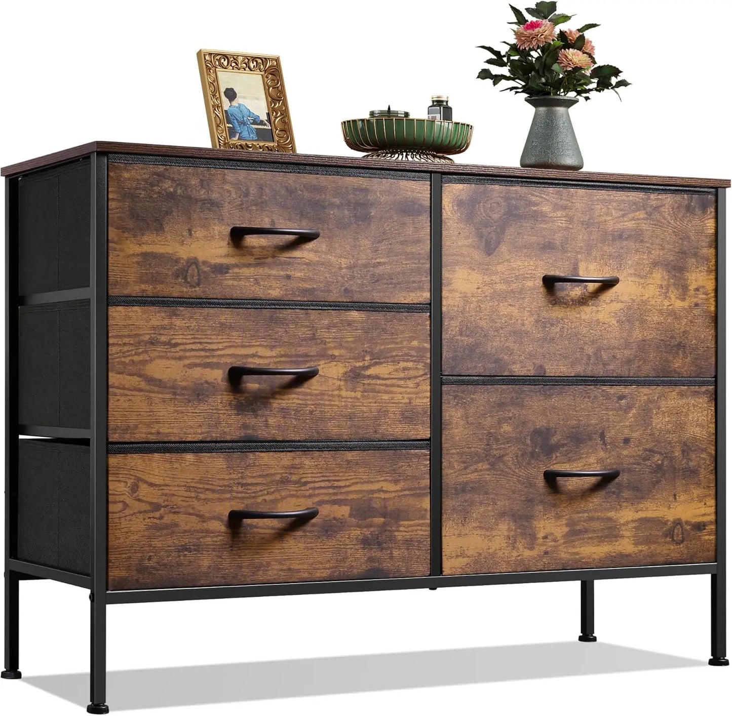 JHK Modern Fabric Storage Dresser With Five Metal Drawers