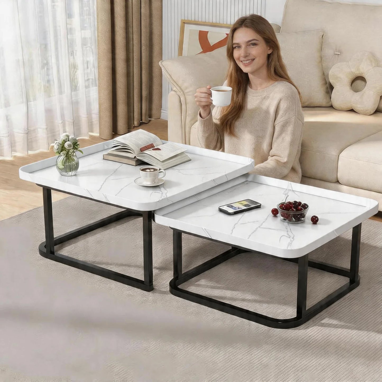 HiMISS Square Fluted Nesting Coffee Tables Set of Two