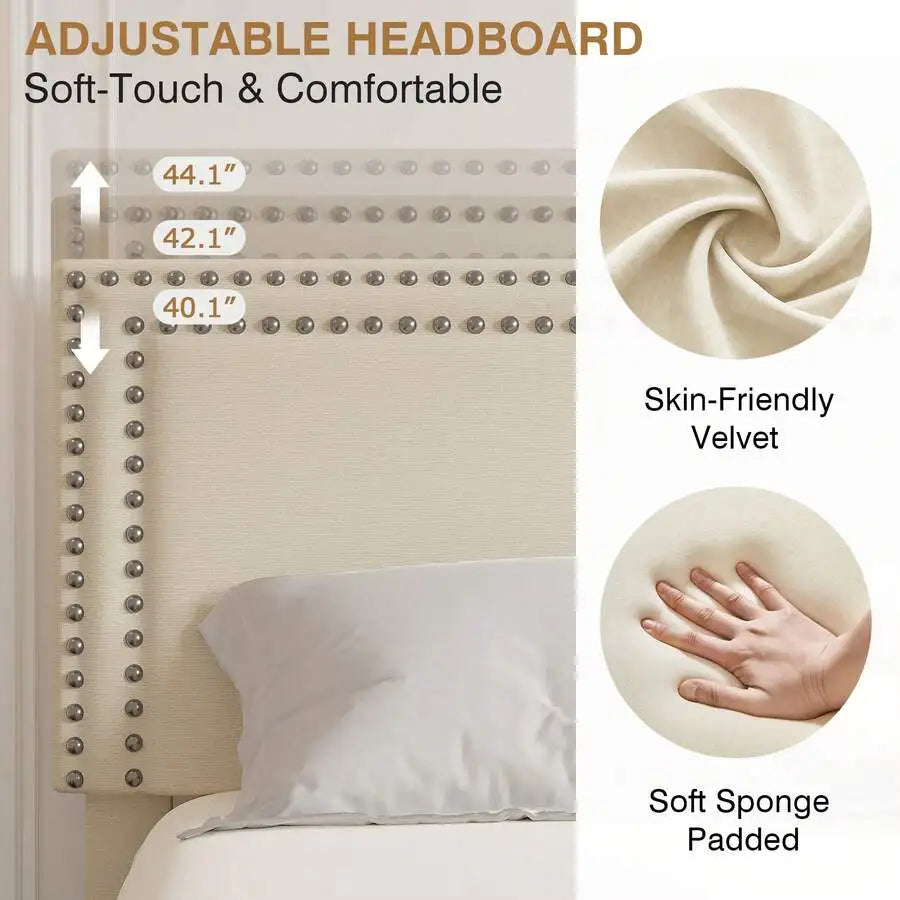 Velvet Upholstered Bed Frame With Four Storage Drawers And Adjustable Headboard