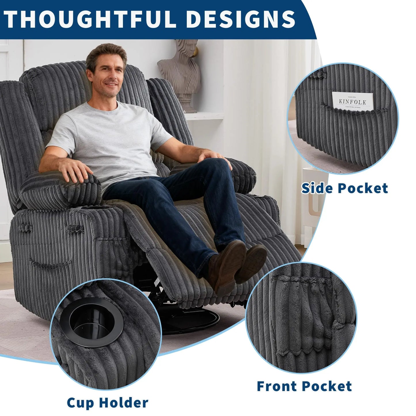 HiMISS 360 Swivel Rocking Recliner Chair With Deep Corduroy Seat