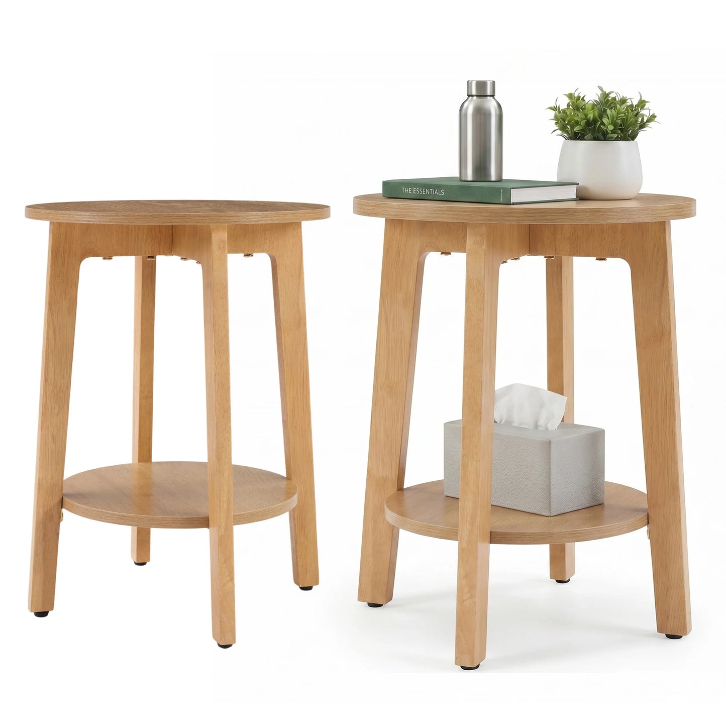 JHK Wood Round Side Table With Two Tier Storage Shelf