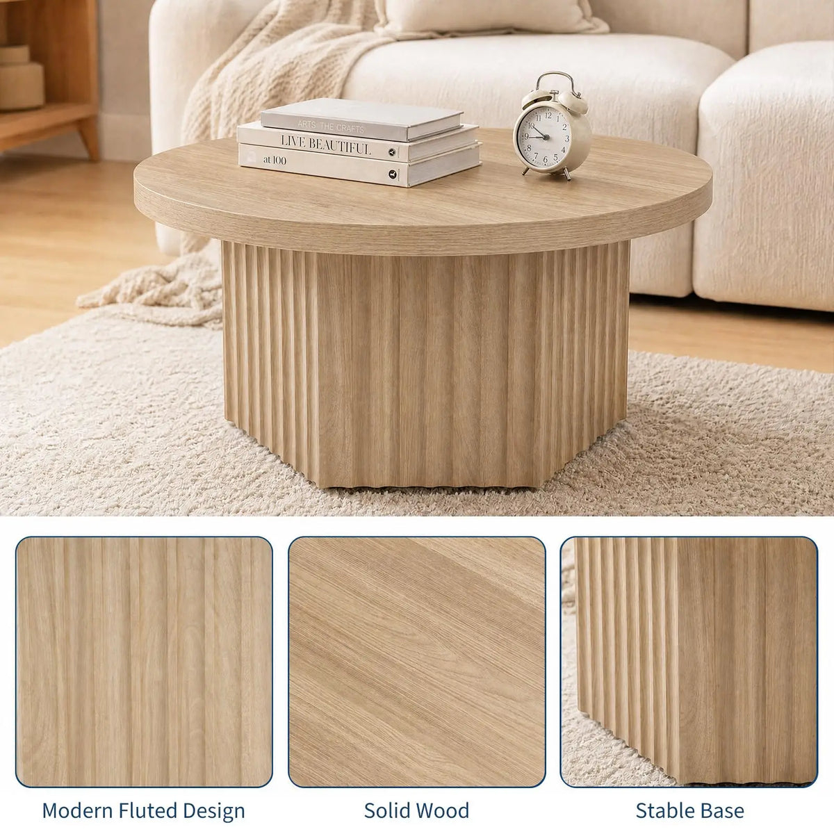 HiMISS Fluted Round Coffee Table Modern Wood Pedestal Living Room