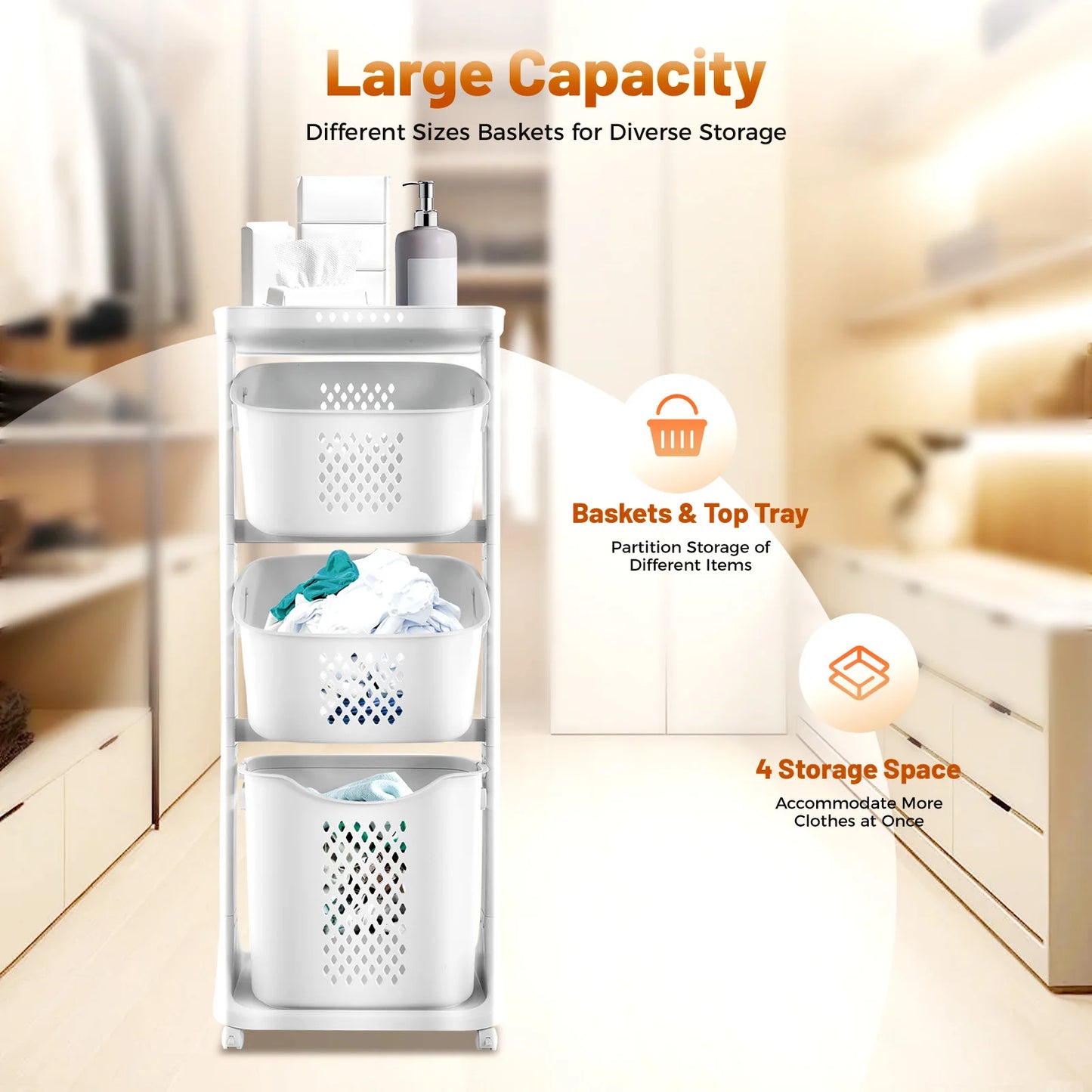 Bymaocar 3 Tier Rolling Laundry Hamper With Detachable Compartments