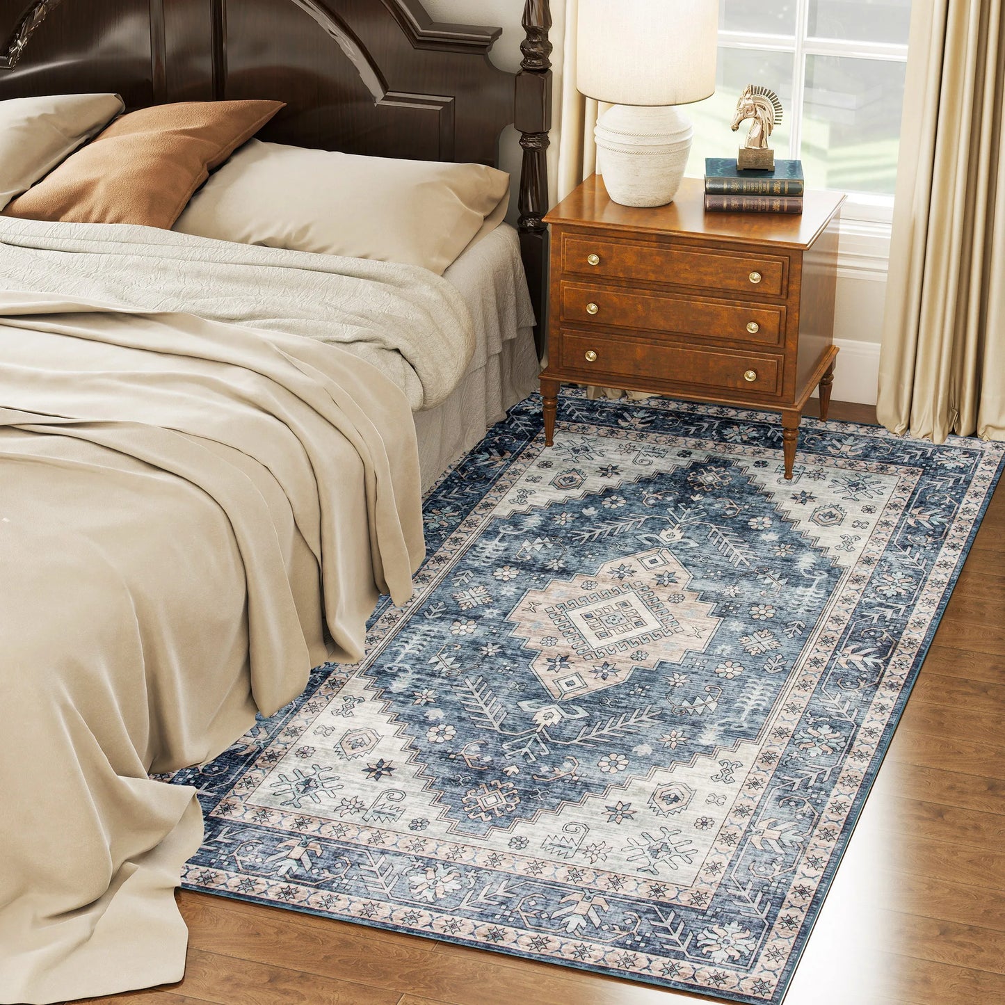 Machine Washable Vintage Oriental Medallion Polyester Area Rug