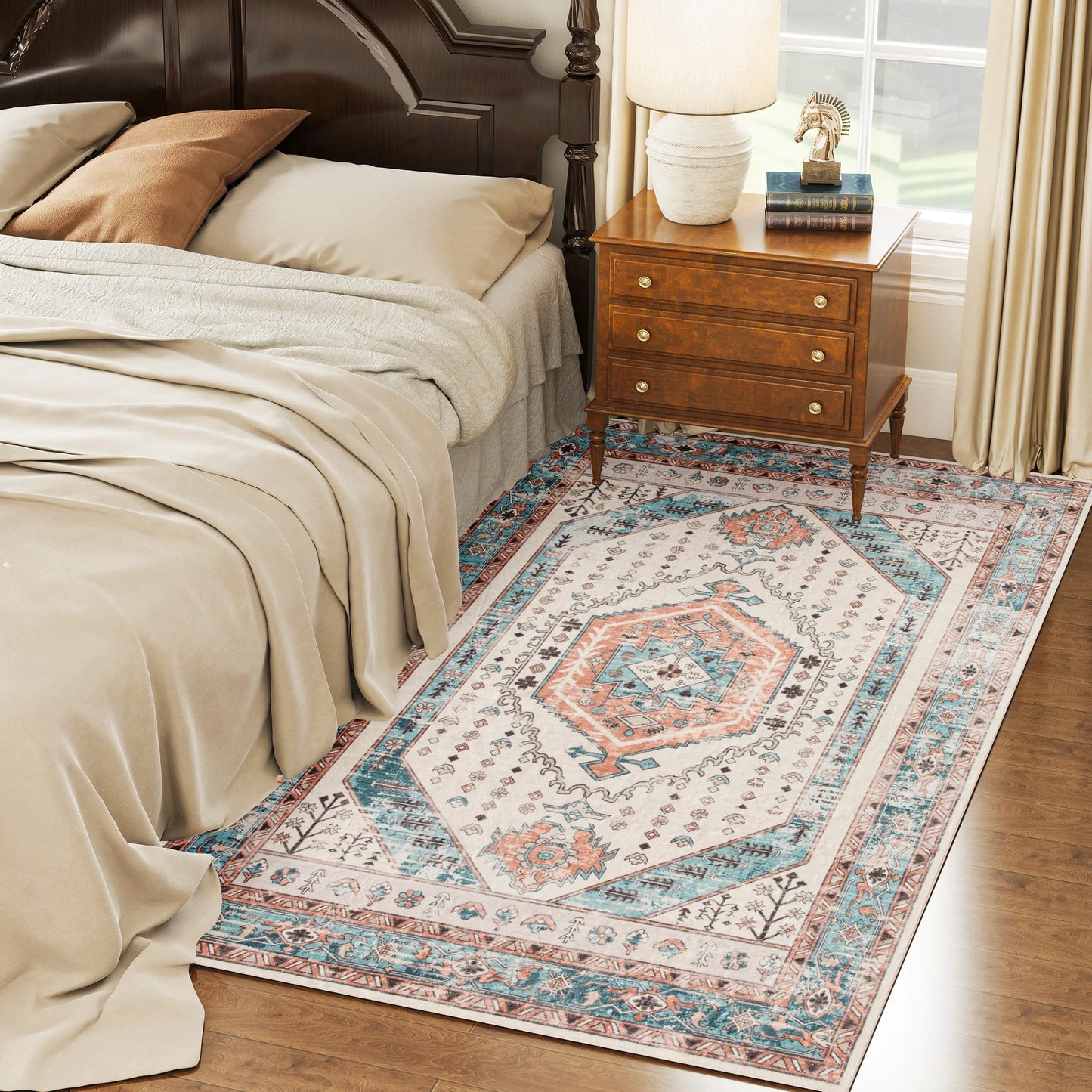 Machine Washable Vintage Oriental Medallion Distressed Area Rug