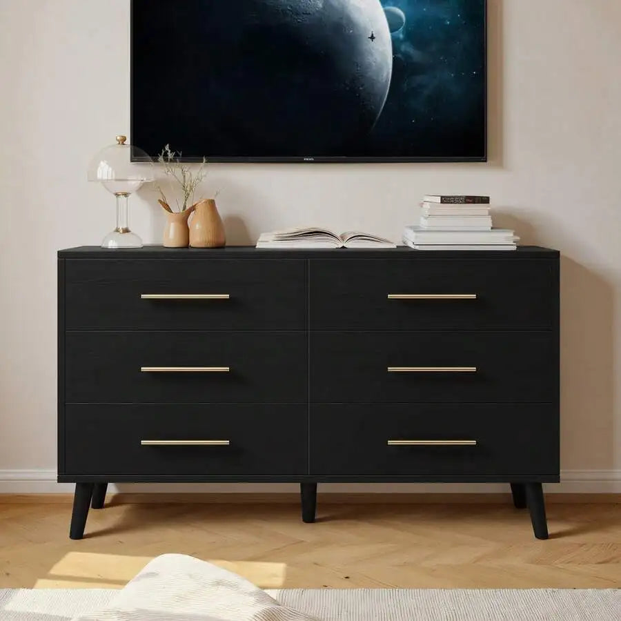 Wood 6 Drawer Dresser With Metal Frame Storage Cabinet