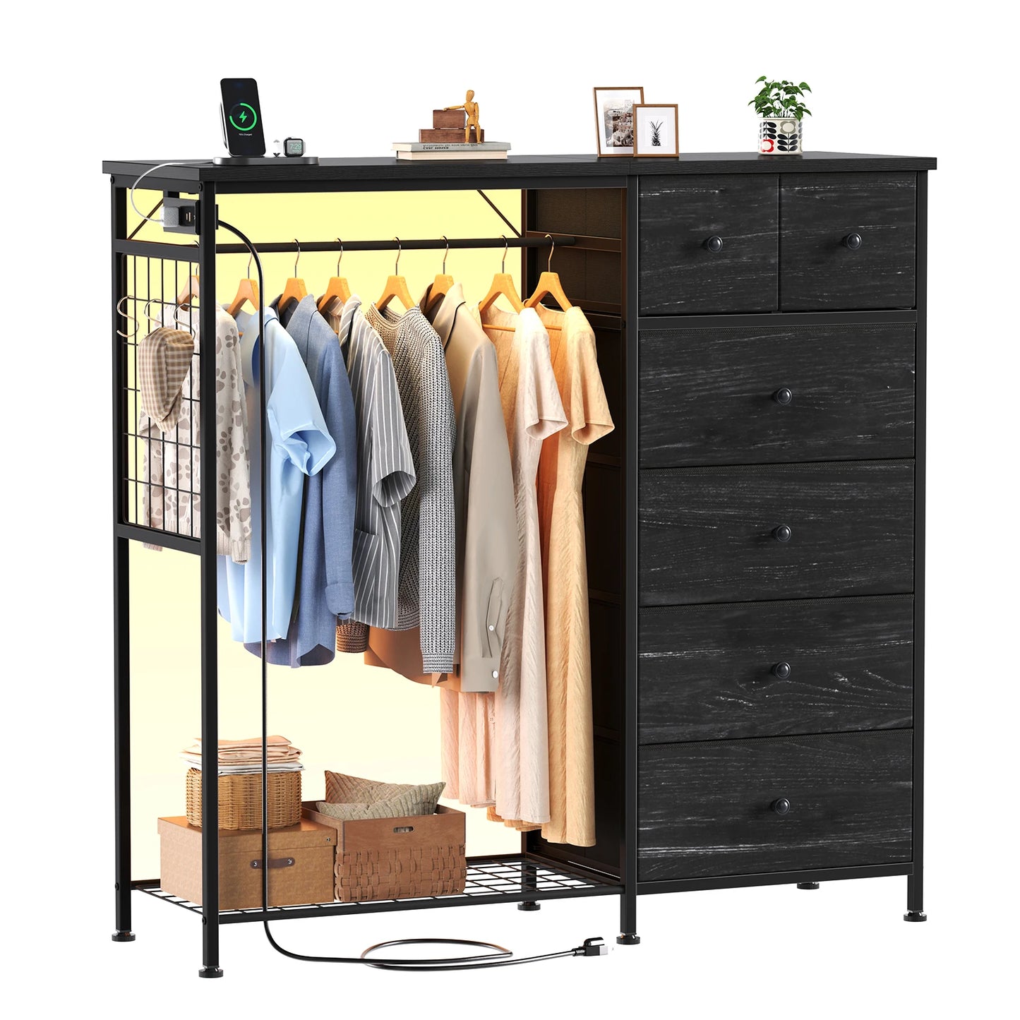 JHK Modern Fabric Dresser With Hanging Rack And LED Lights