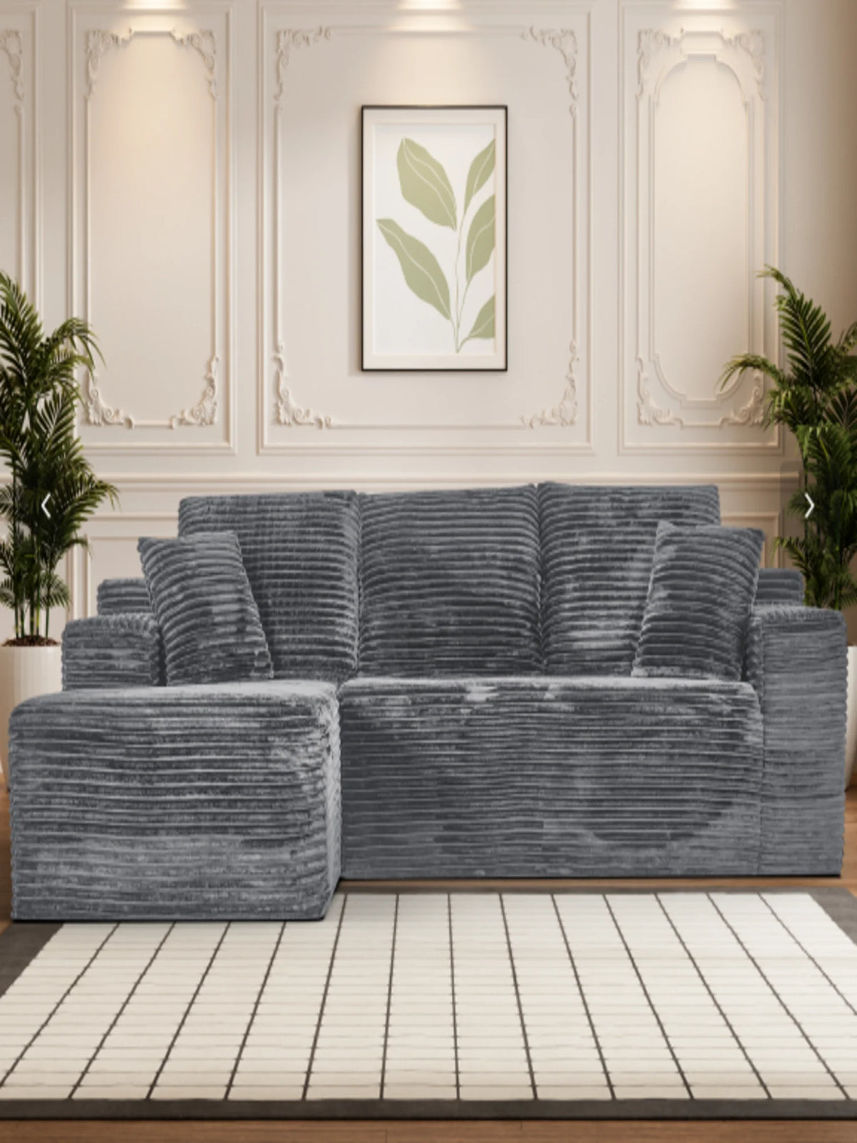 107 Inch L-Shaped Modular Sofa with Recliner and Chaise, Plush Corduroy Cloud Couch Sleeper, No Assembly Deep Seat Sectional for Living Room Apartment, Black