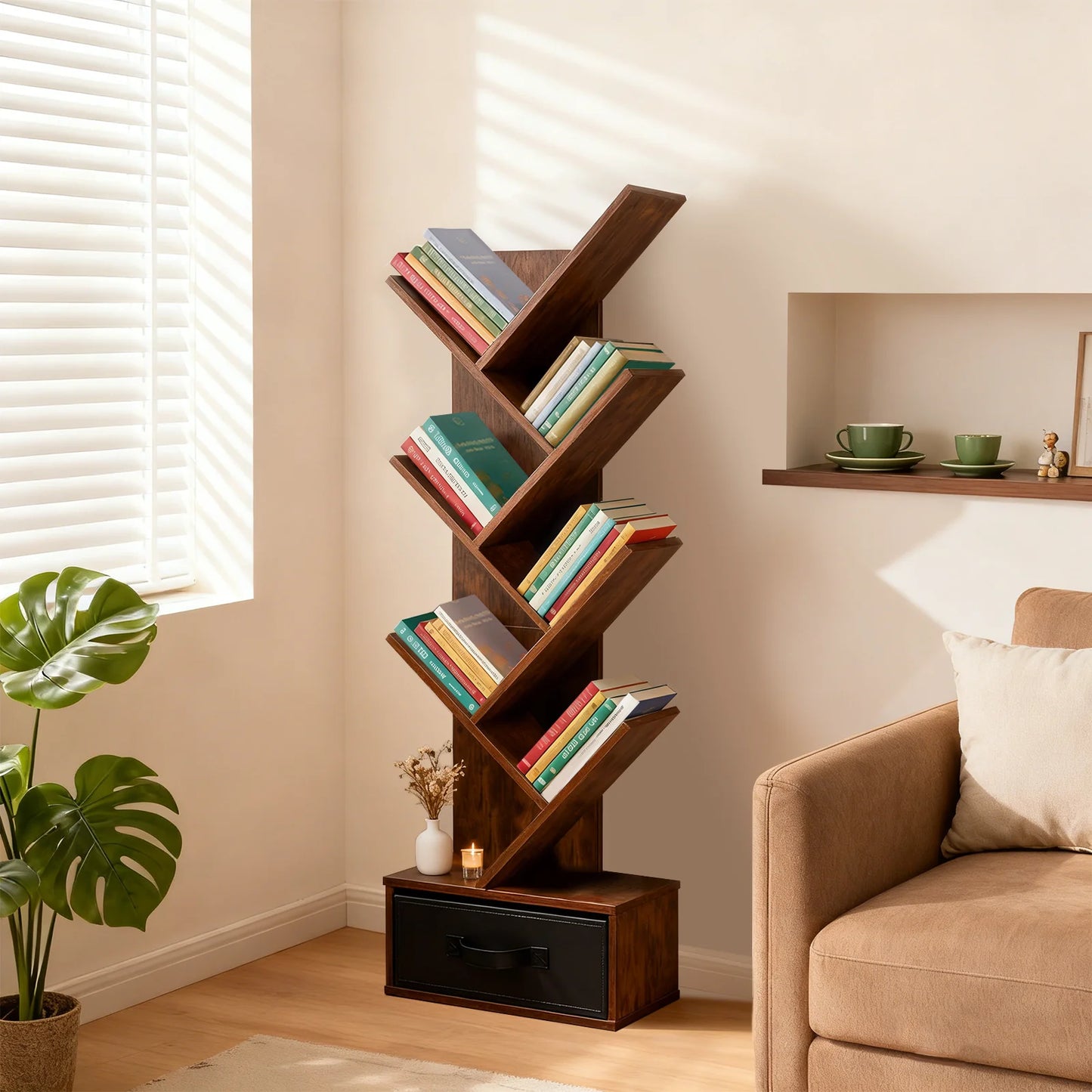 MCQ Geometric Wooden Seven Tier Bookshelf With Drawer