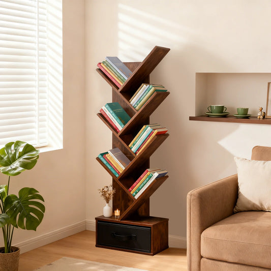 MCQ Geometric Wooden Seven Tier Bookshelf With Drawer