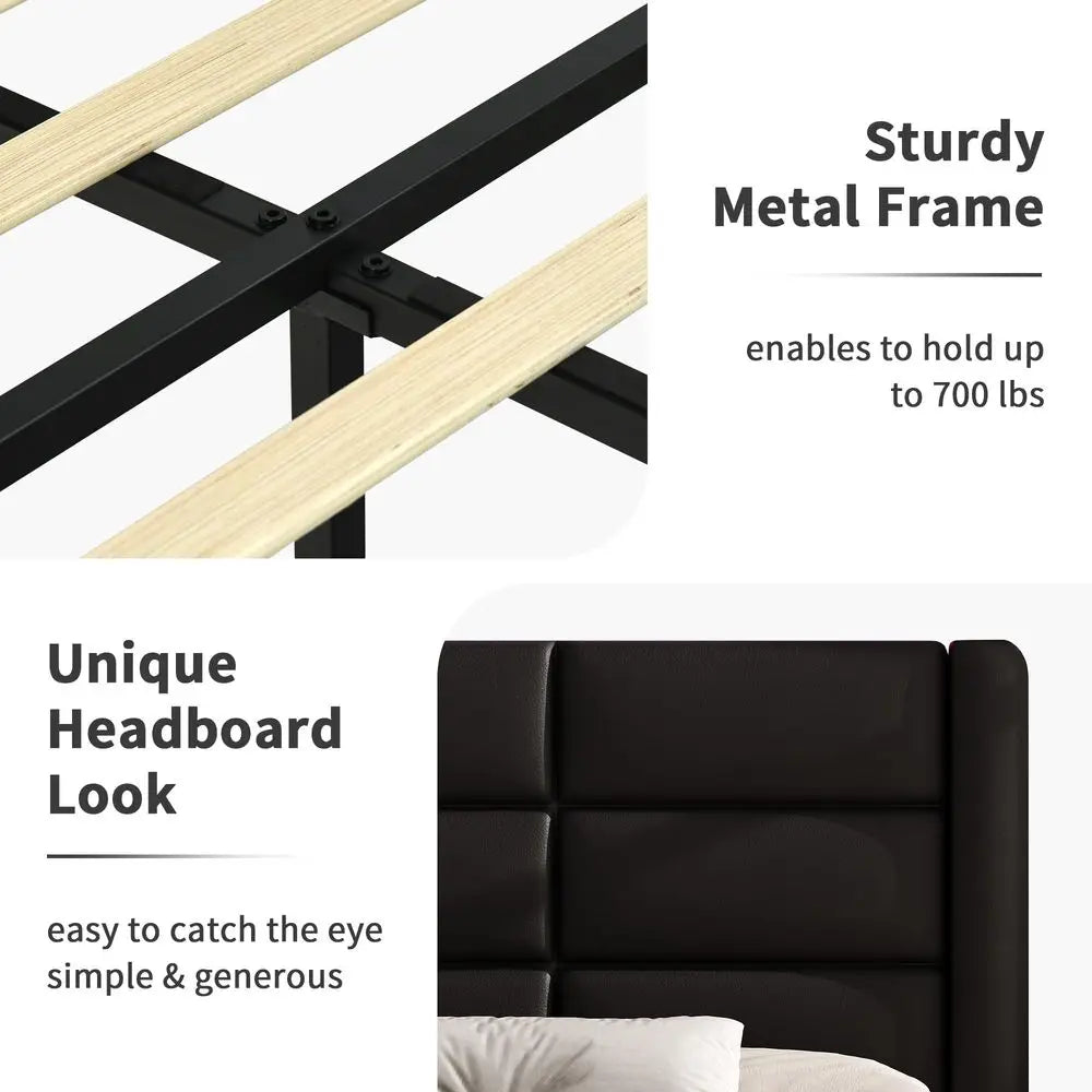 Upholstered Bed Frame With Headboard LED Lights And Wood Slats