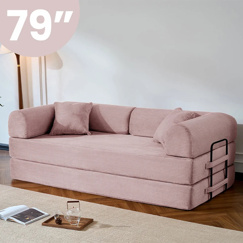 Corduroy Folding Sofa Bed With Removable Cover And Iron Frame