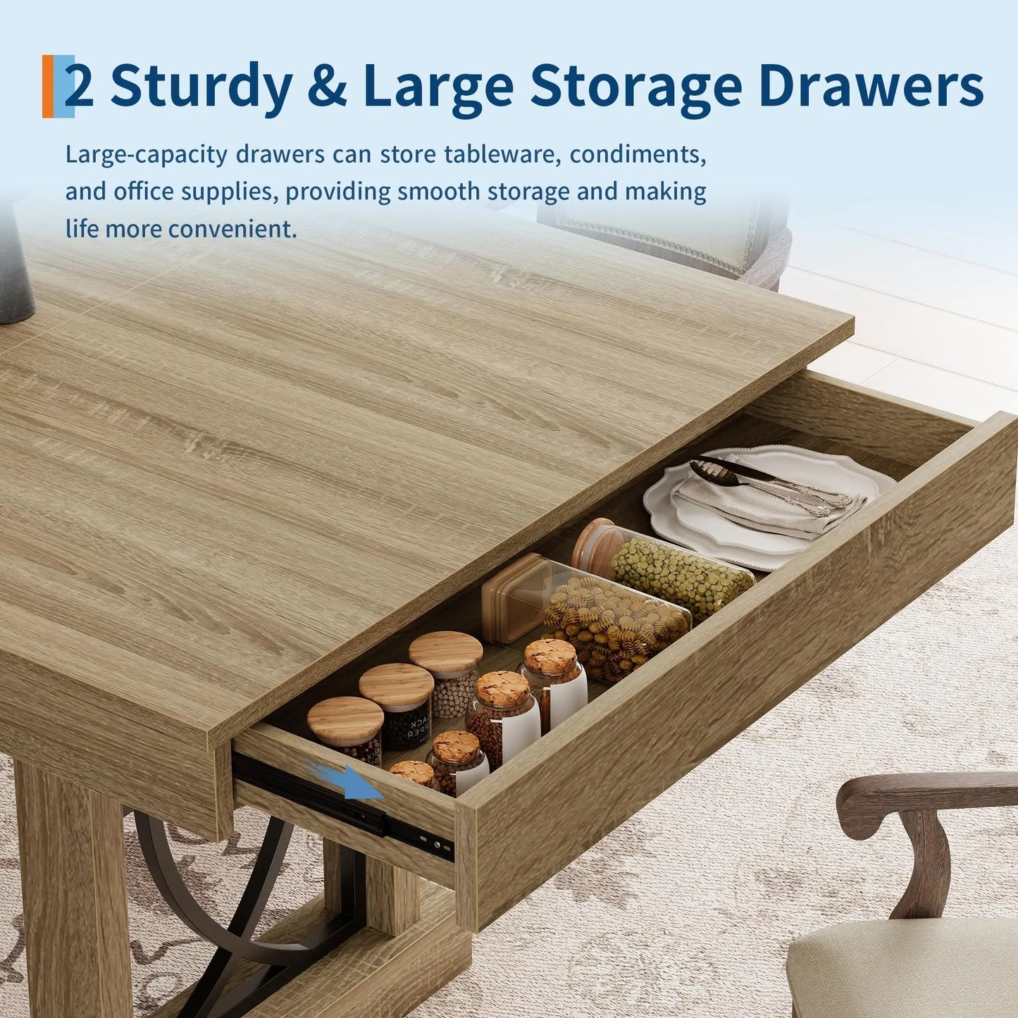 HobbyLane Wood Dining Table With Storage Drawers And Heavy Base