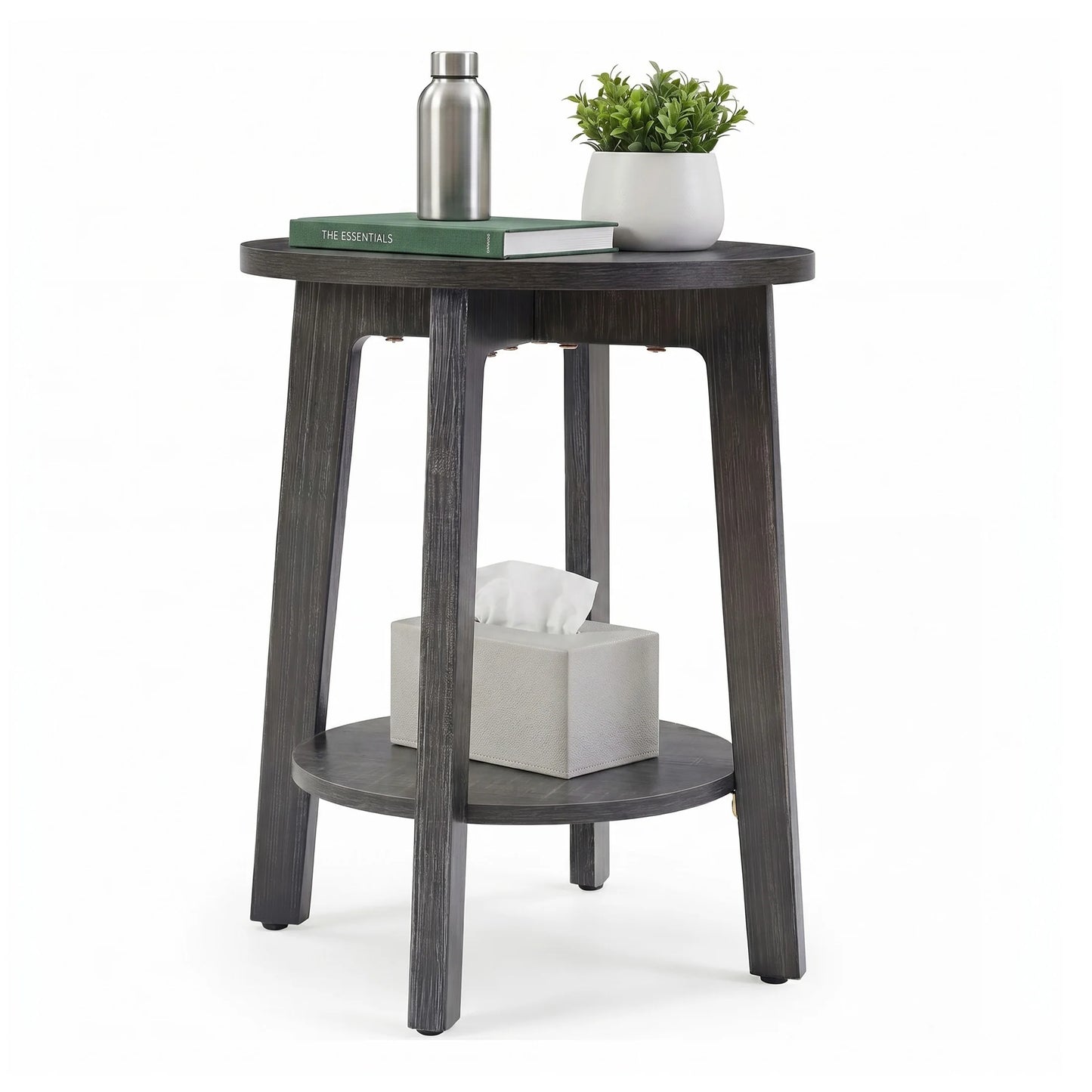 JHK Wood Round Side Table With Two Tier Storage Shelf