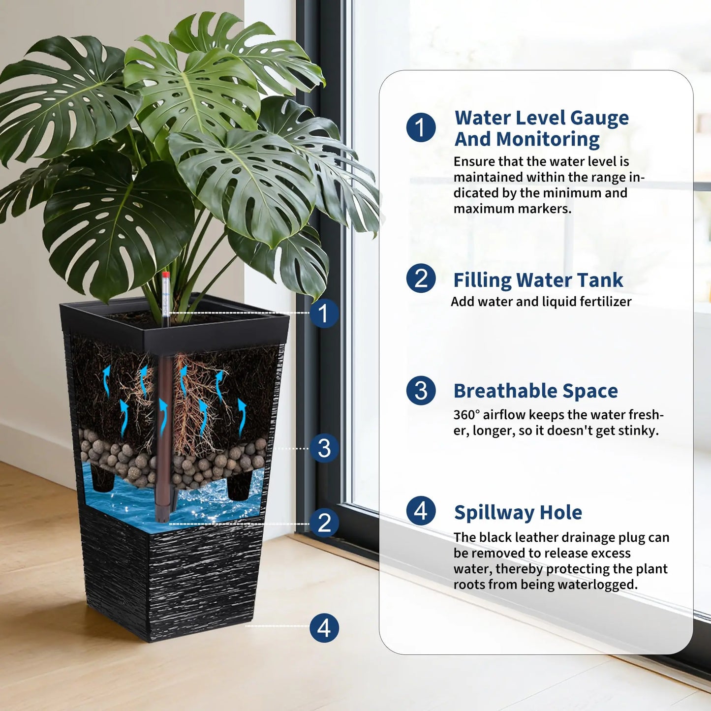 HiMiss Self Watering Planter With Drainage And Water Monitor