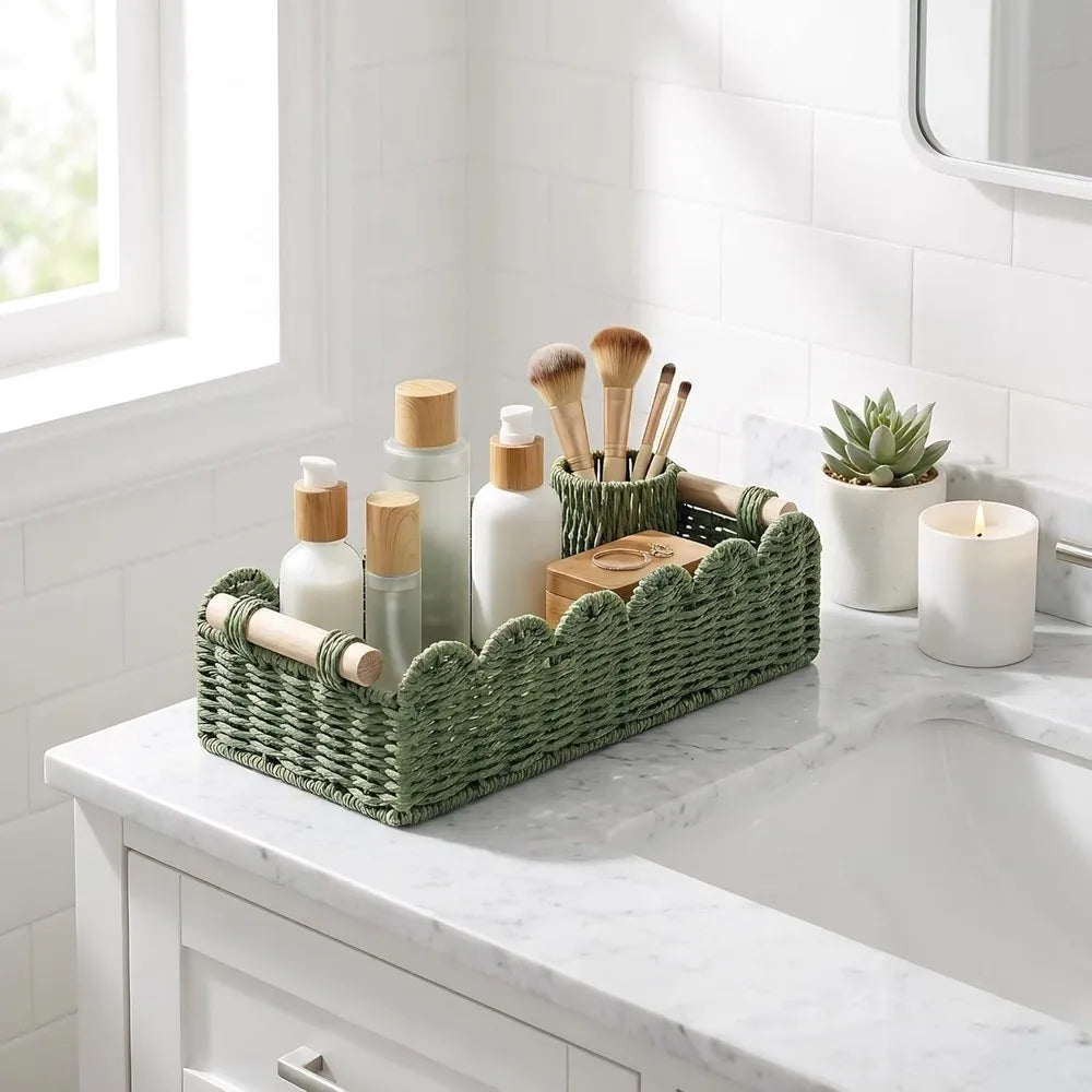 Decorative Scalloped Wicker Basket With Handle Bathroom Storage