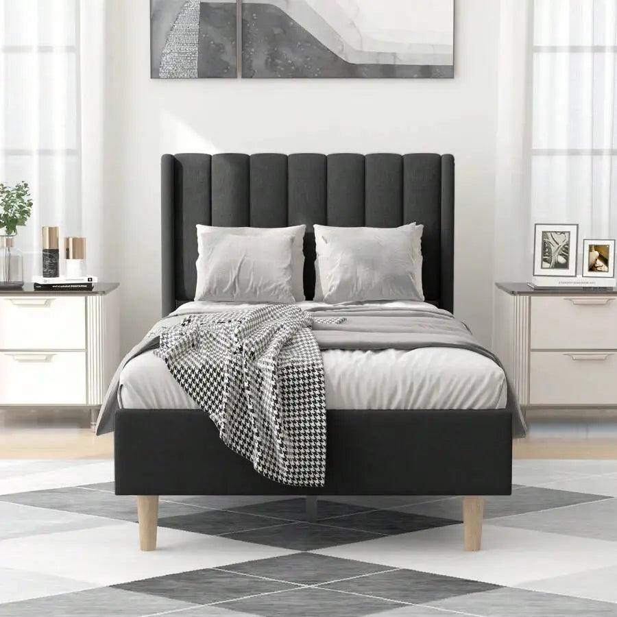 Classic Upholstered Platform Bed Frame With Headboard And Wood Slats
