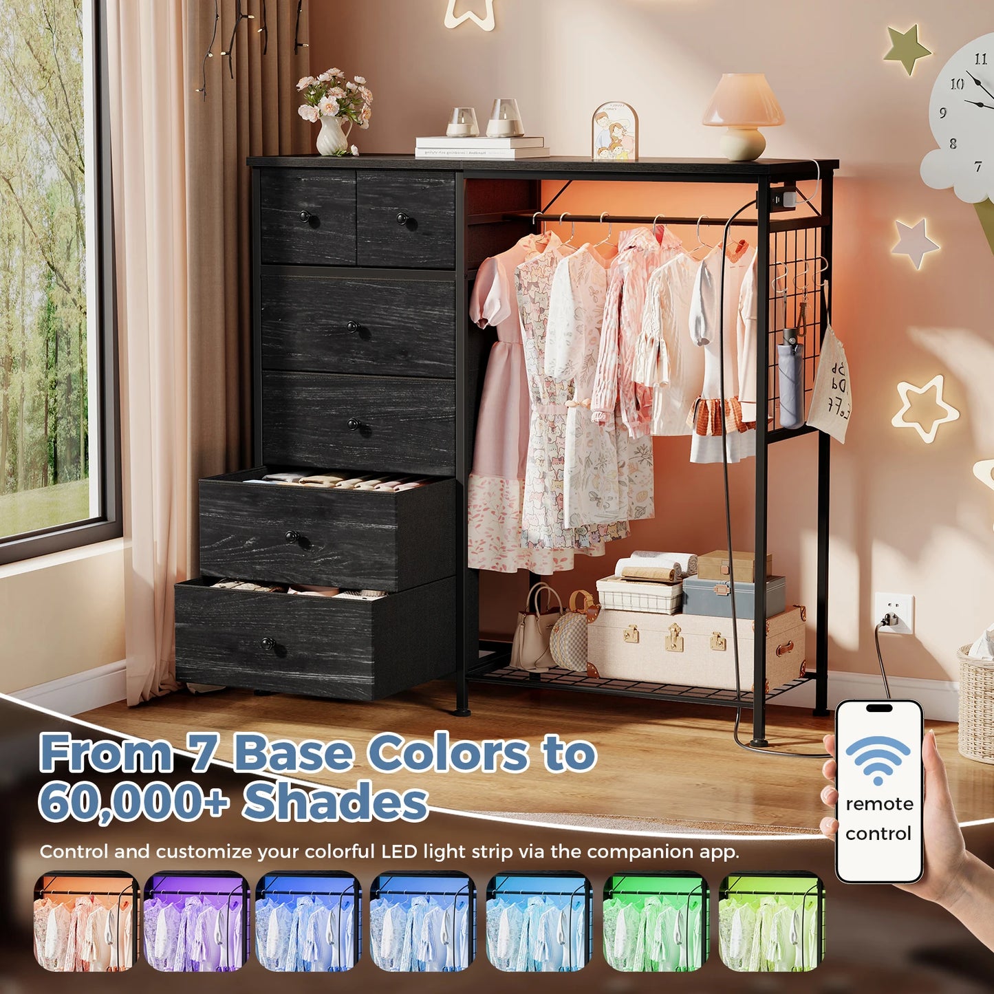 JHK Modern Fabric Dresser With Hanging Rack And LED Lights