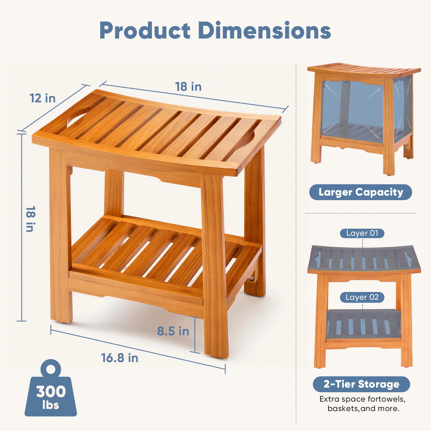 JHK Wooden Bathroom Shower Bench With Storage Shelf And Handles