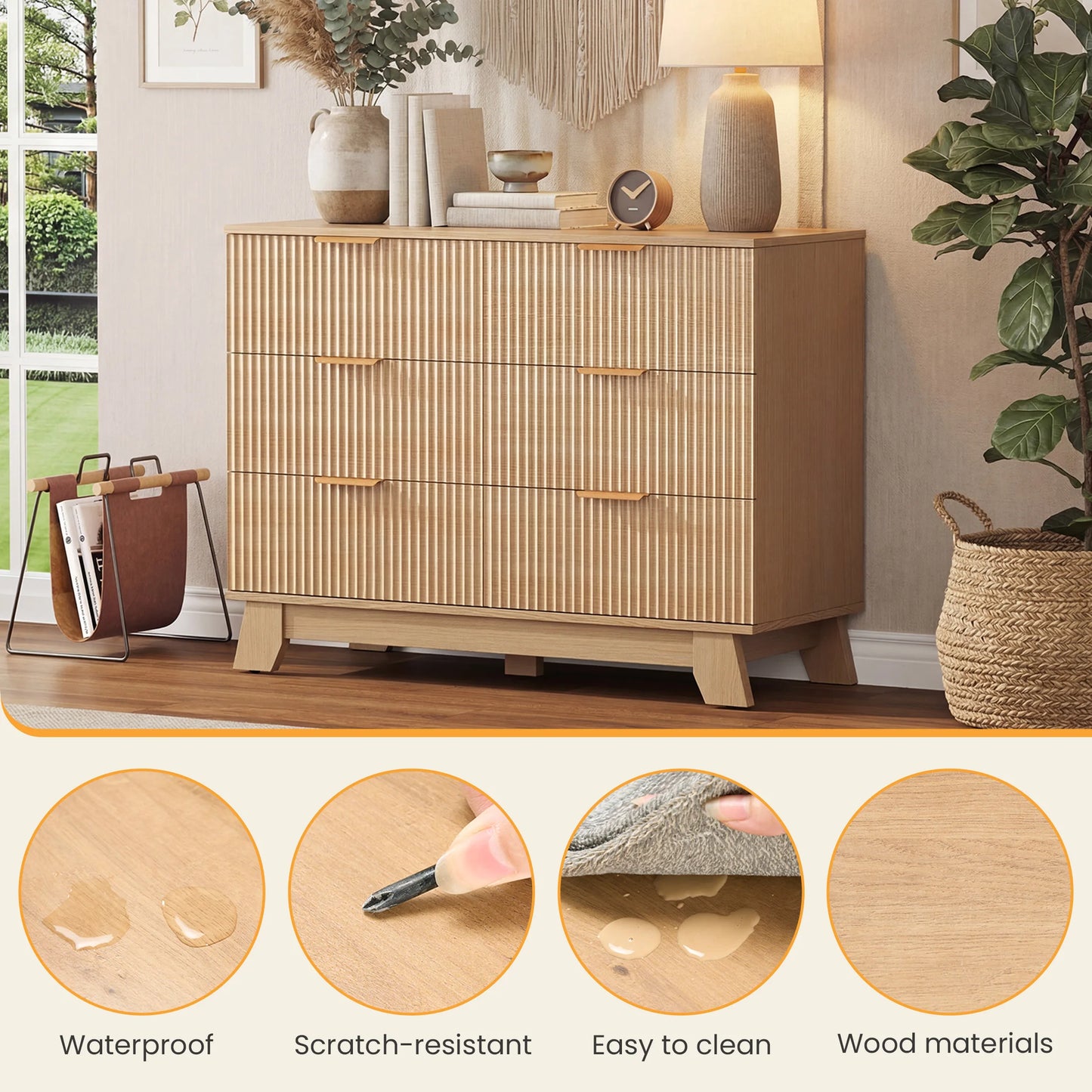 JHK Modern Fluted Wooden 6 Drawer Bedroom Dresser Cabinet