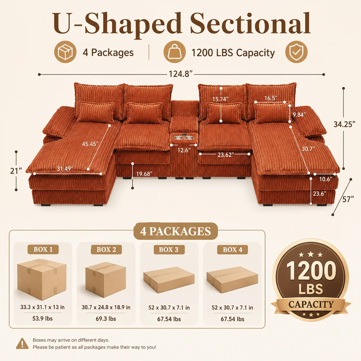 Modular Corduroy Sectional Sofa With Console And USB Charging Ports