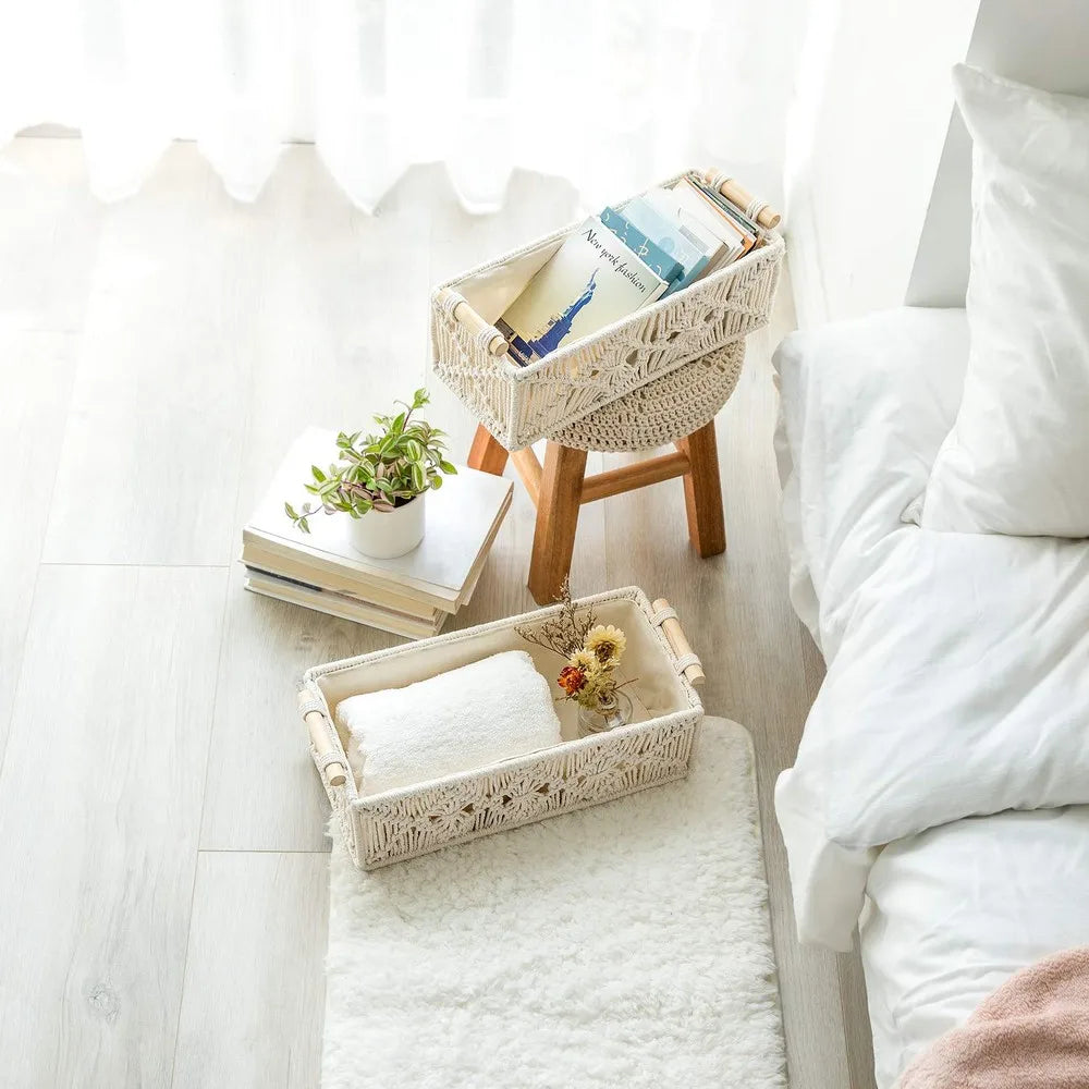 Macrame Hand Woven Storage Basket Boho Home Decor Organizer