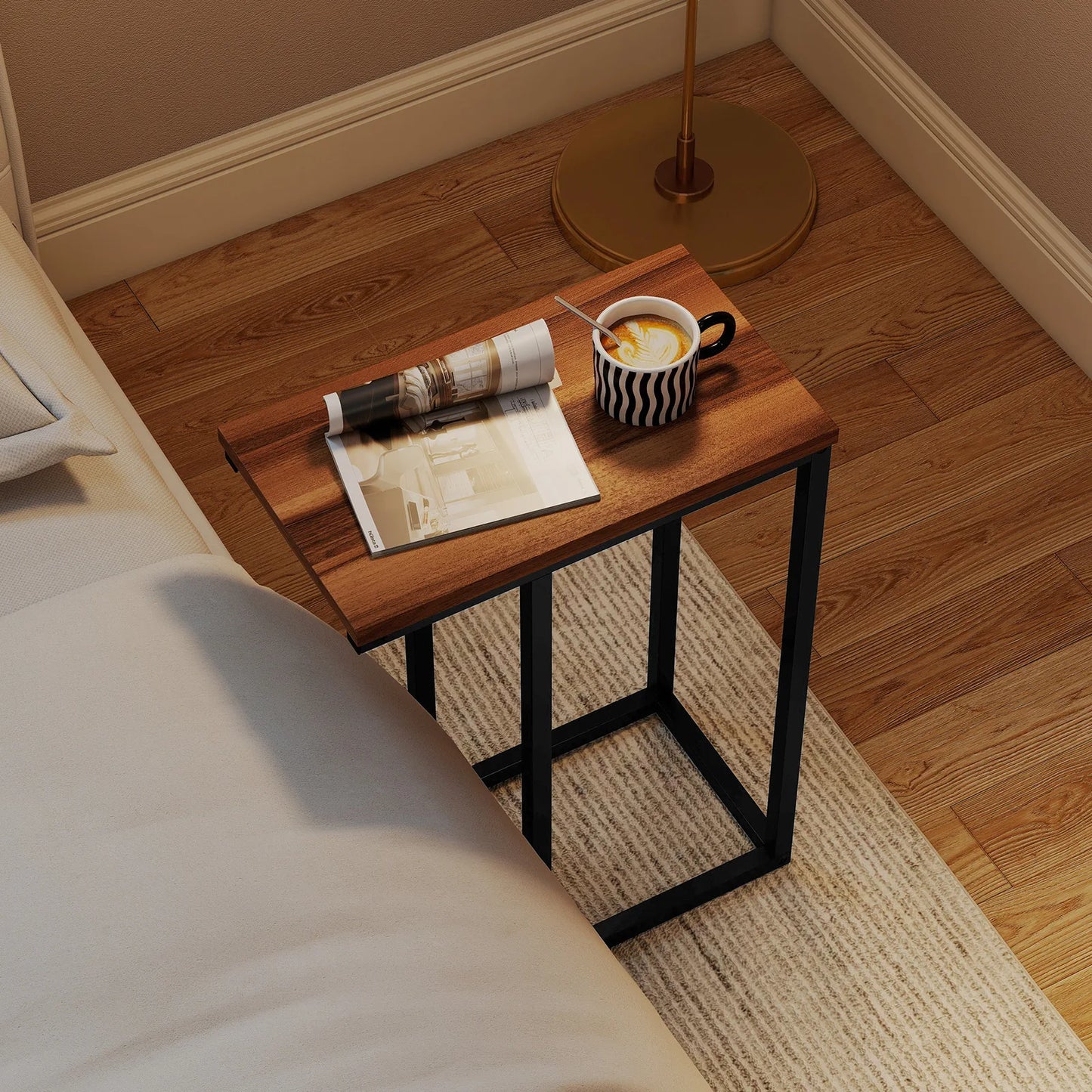 Homasis C Shaped Wooden End Table With Adjustable Pads
