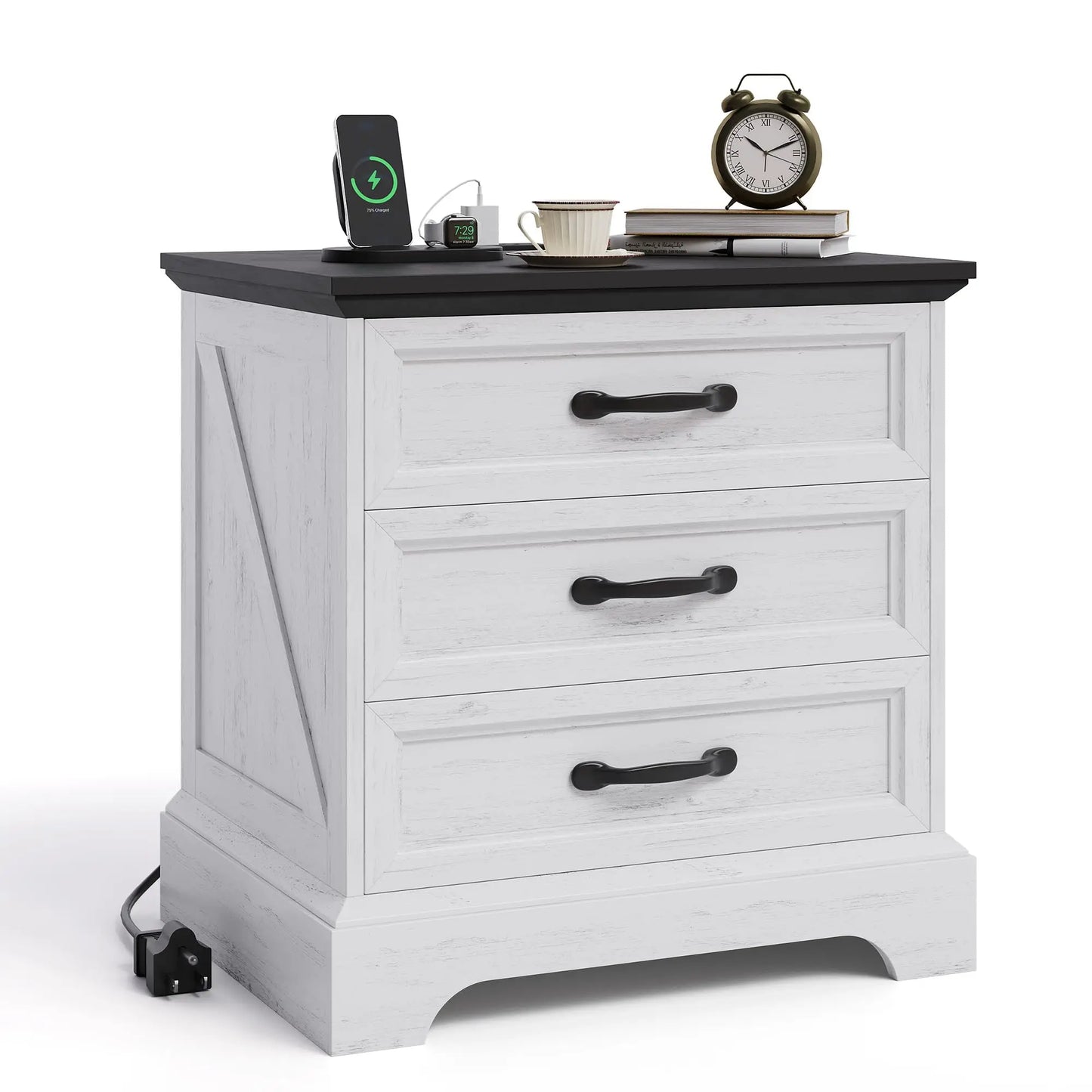 Modern Farmhouse Wood Nightstand With Charging Station And Drawer Storage