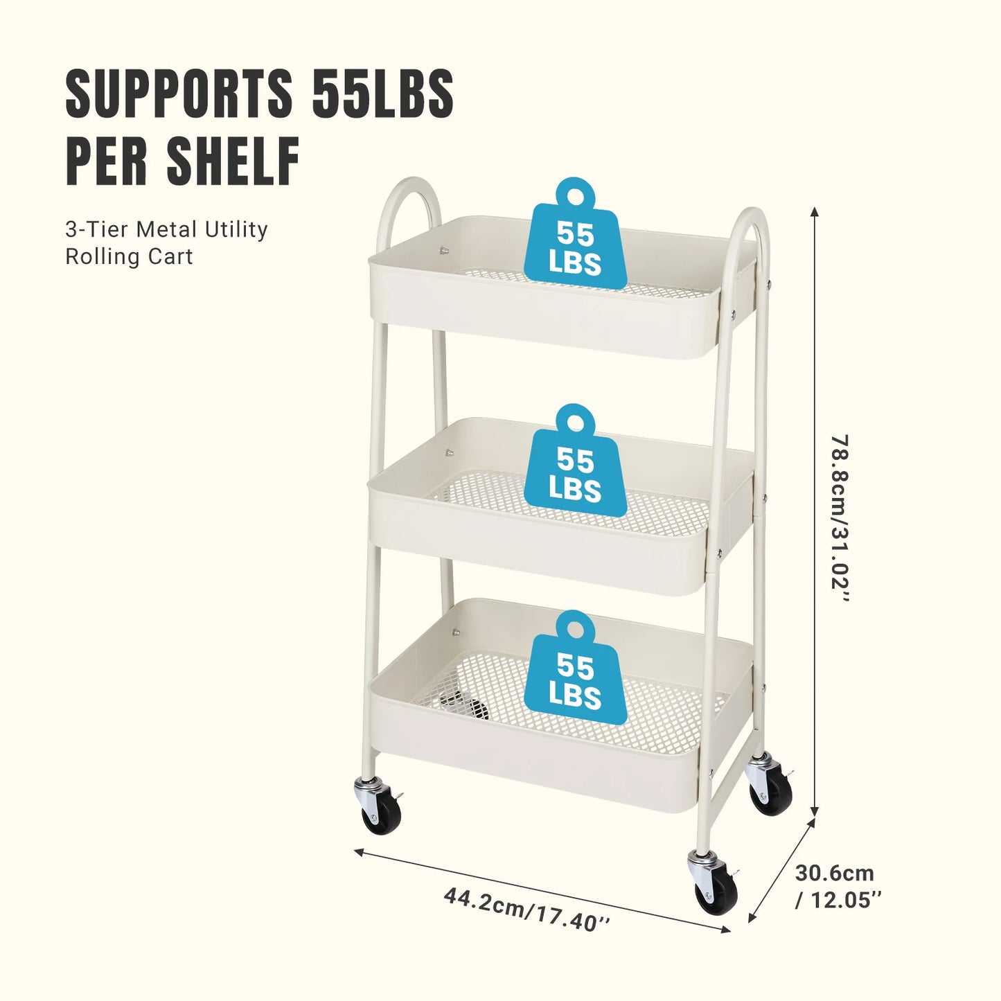 Jhk 3 Tier Rolling Kitchen Storage Cart With Lockable Wheels