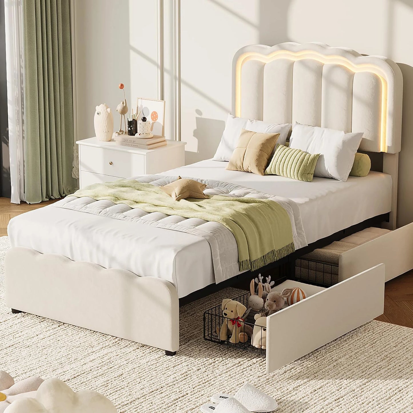 HiMISS Upholstered Bed Frame With Adjustable Headboard Led Storage Drawers