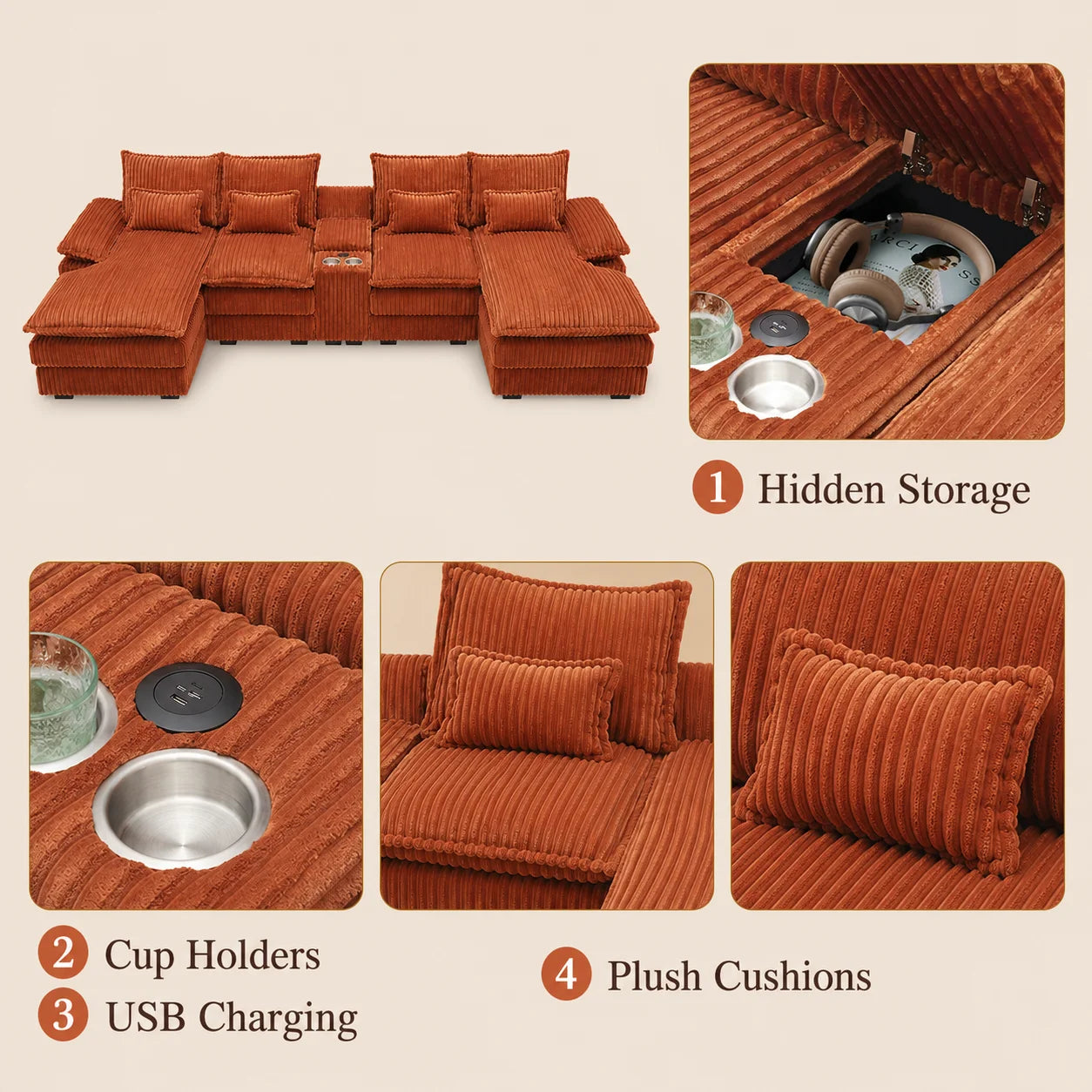Modular Corduroy Sectional Sofa With Console And USB Charging Ports