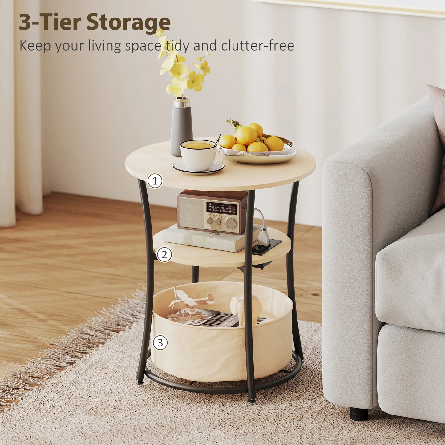 HOMCOM Round Side Table With USB Charging Station And Shelf